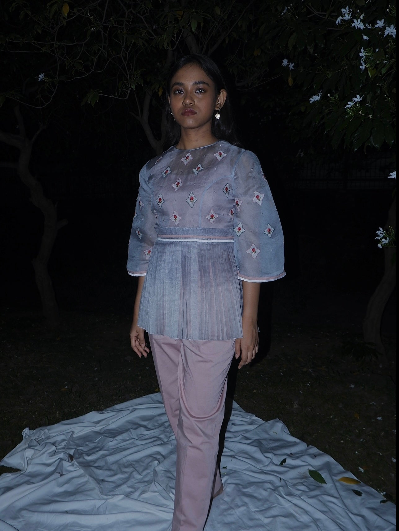 Grey peplum organza blazer with pants. image 0