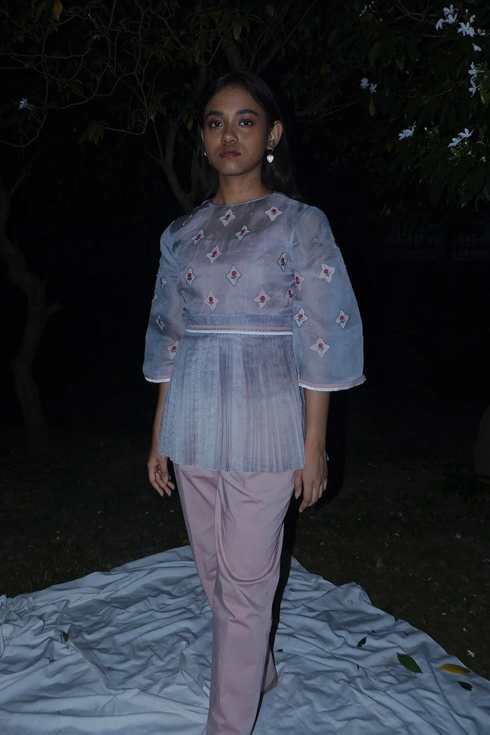 Grey peplum organza blazer with pants