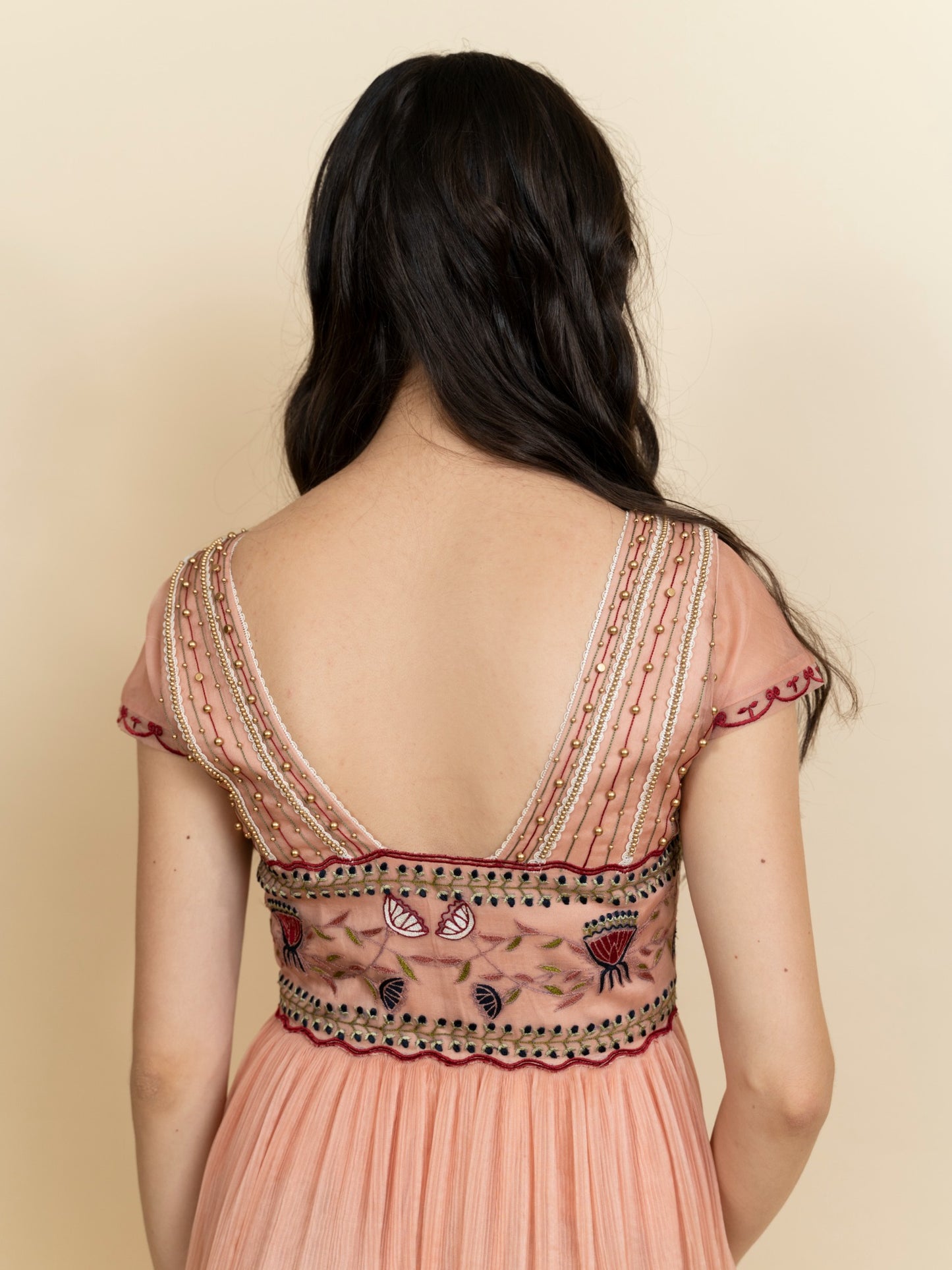 Galaxy embroidered 3-layered full length dress. (Peach) image 4