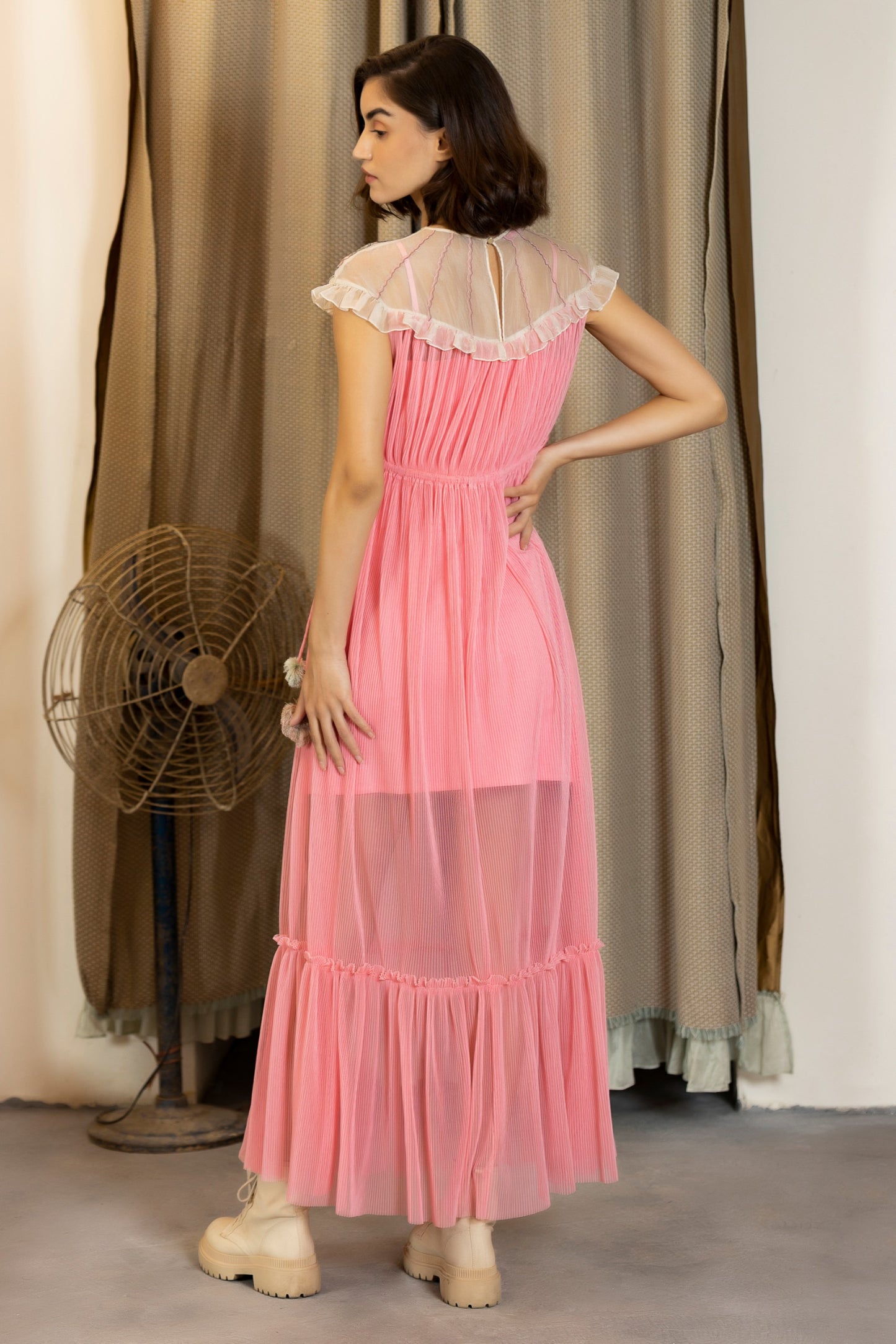 Drop shoulder embroidered full length pink gown. image 3