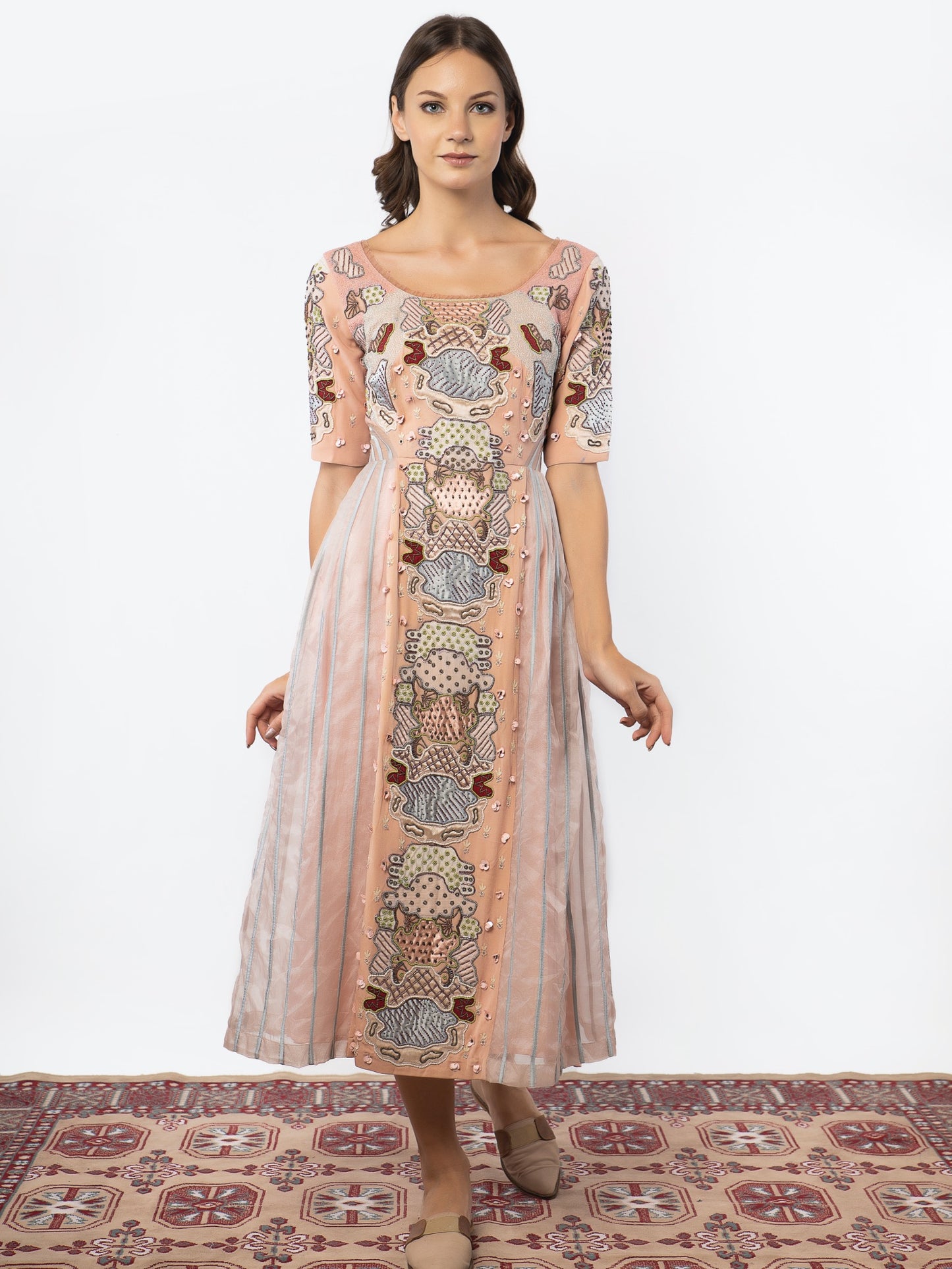 Peach organza calf length gown image 0
