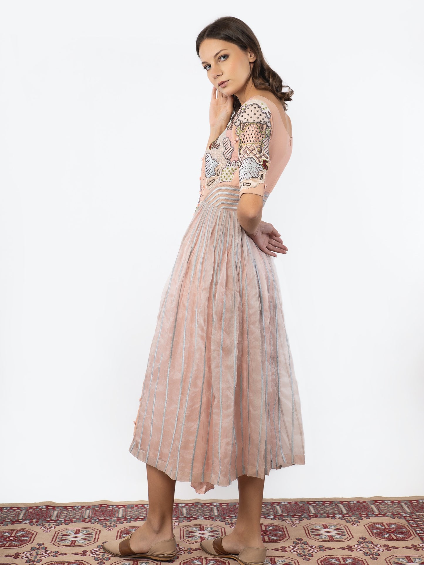 Peach organza calf length gown image 1