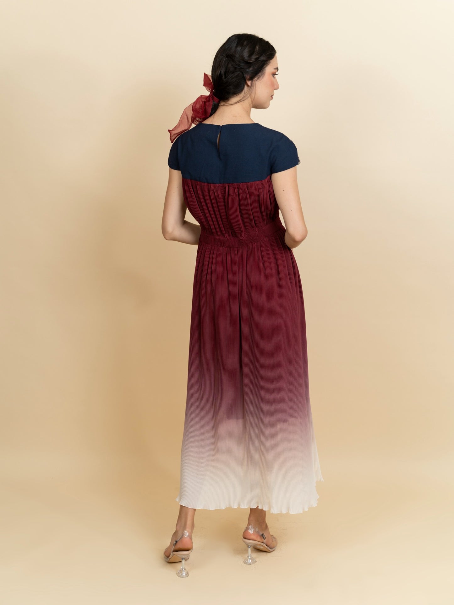 Floral embroidered neckline in a full length dress. (Blue) image 3