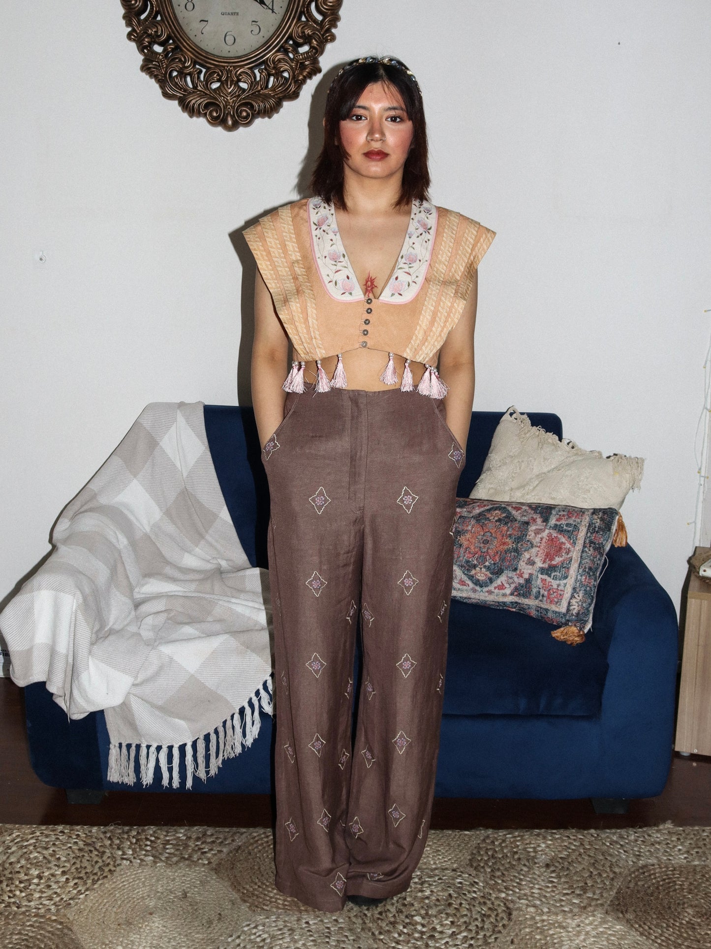 Mustard drape top with embroidered pants image 0