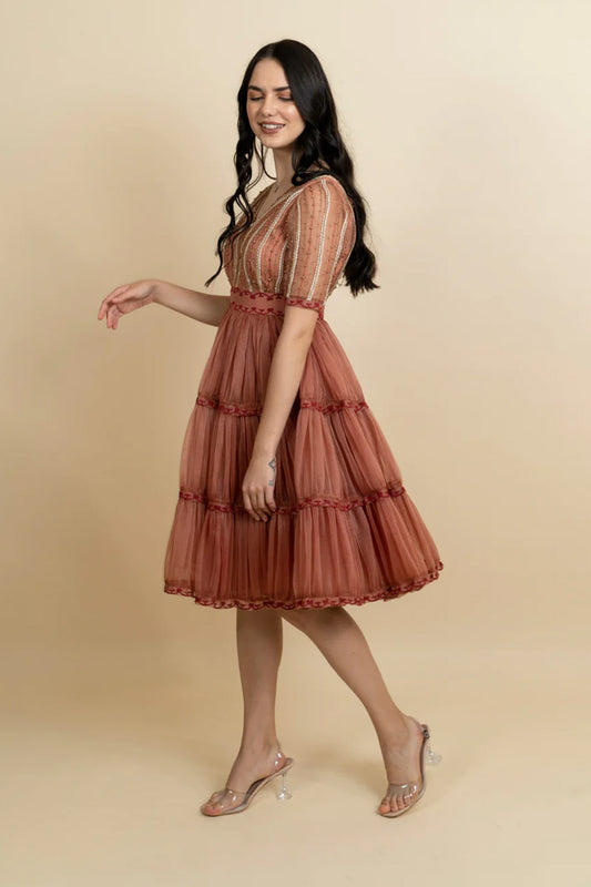 Golden galaxy cinnamon embroidery in narrow pleated dress.