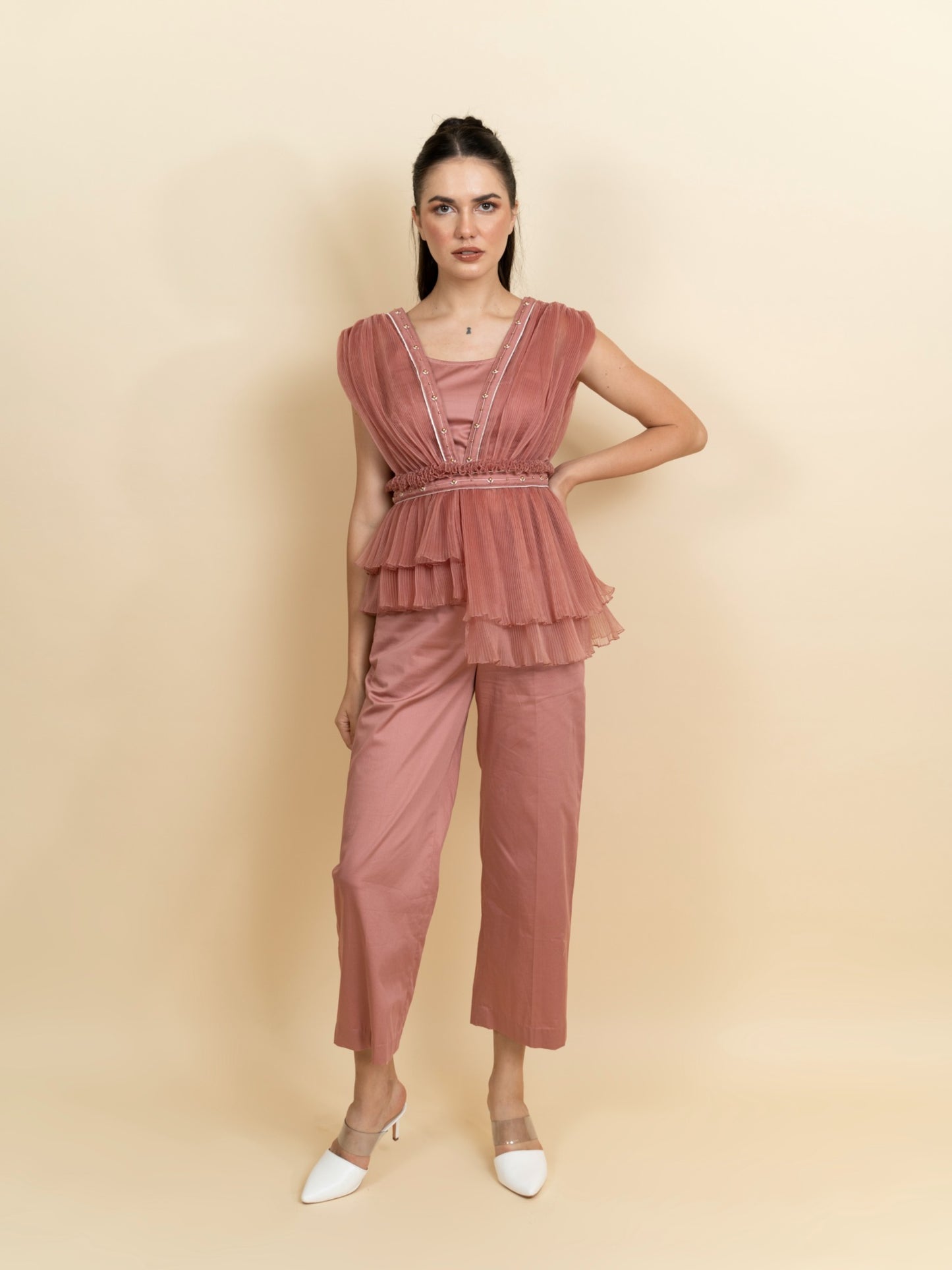 Draped organza pleated top with pants. (Blush pink) image 2