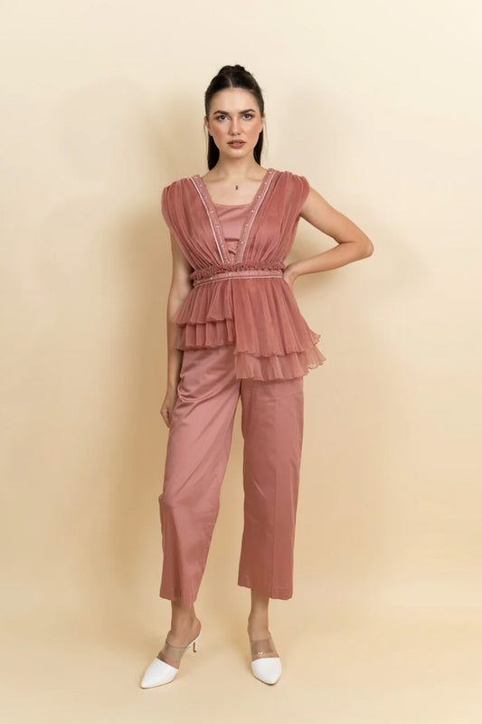 Draped organza pleated top with pants. (Blush pink)