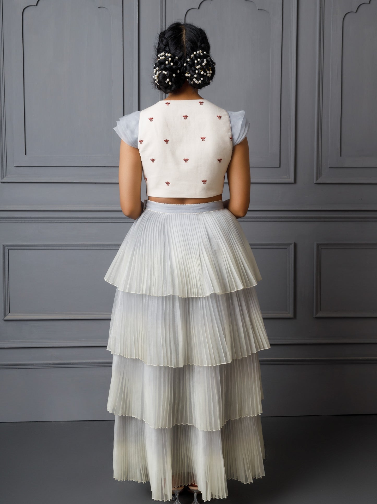 Embroidered top with multi layered pleated skirt. image 3