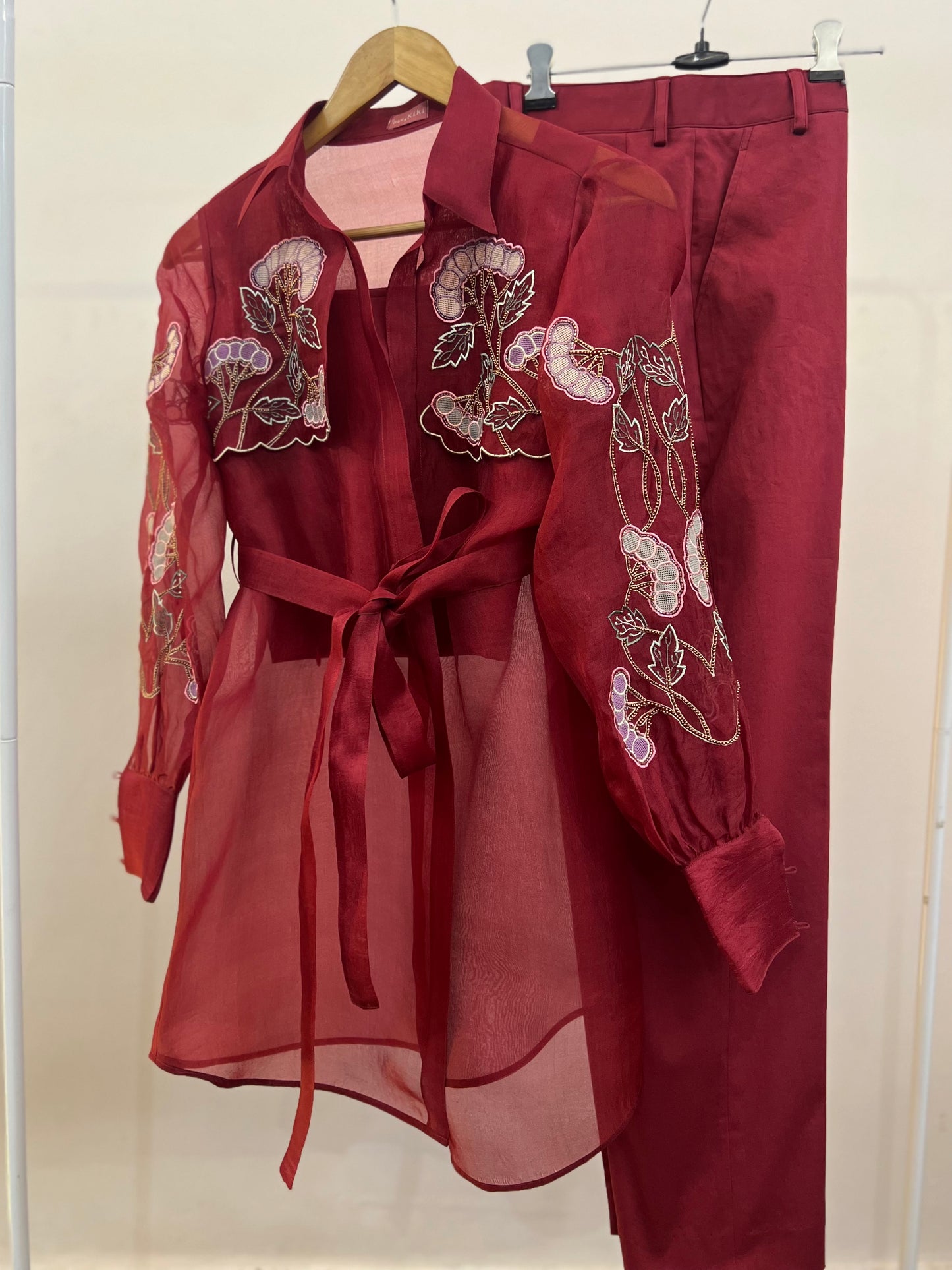 Ruby red organza trench with inner and pants image 0