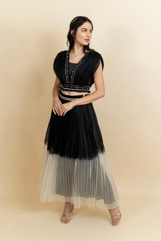 Draped organza top with pleated skirt. (Black)