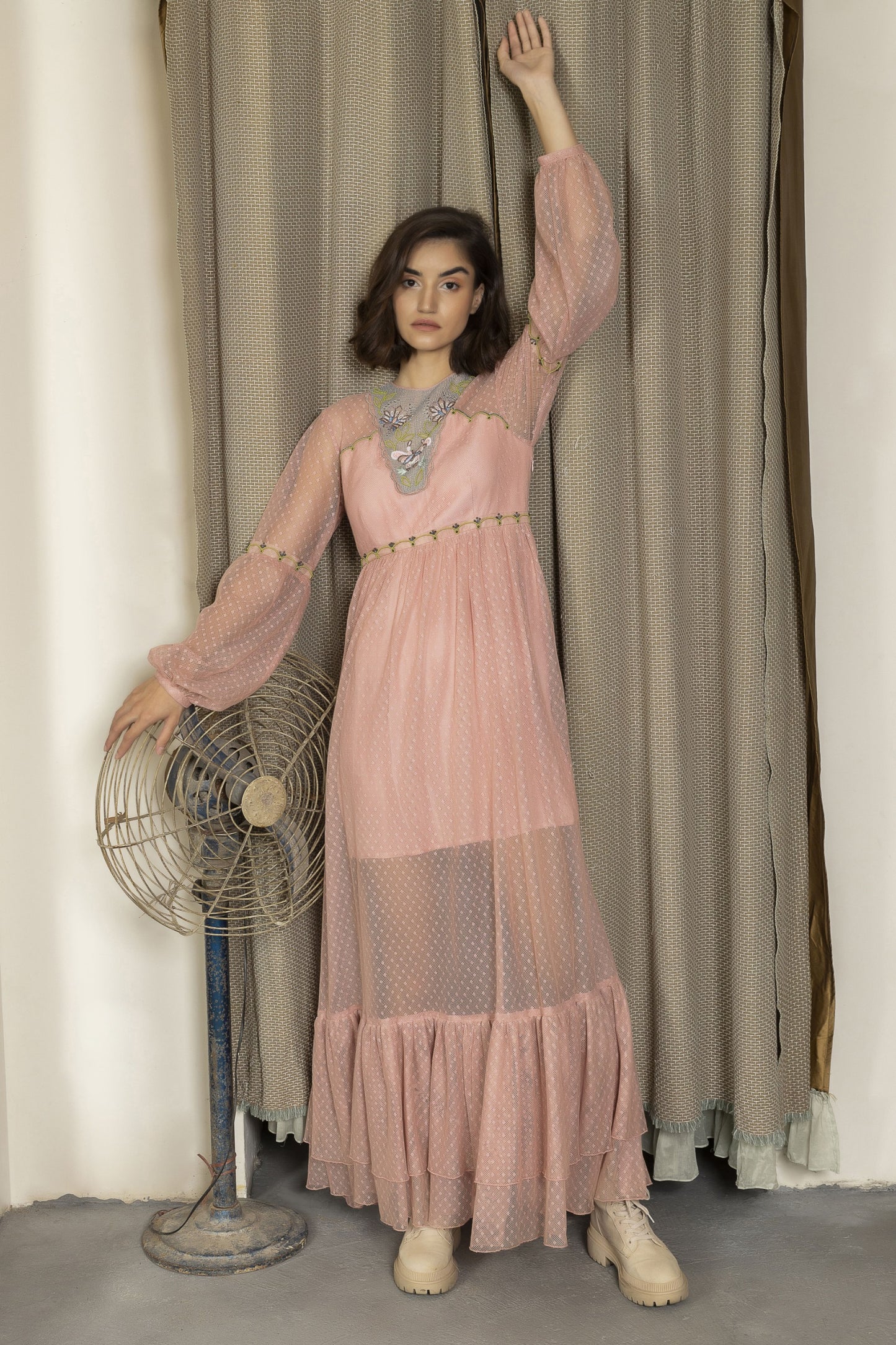 Embroidered neck fish-net full gown. image 2