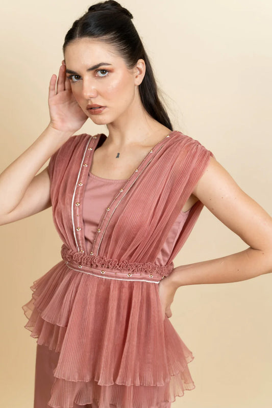 Draped organza pleated top with pants. (Blush pink)