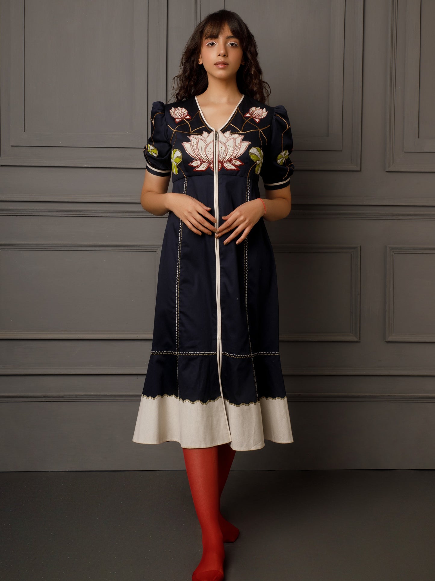 Front embroidered cotton satin dress (blue). image 1