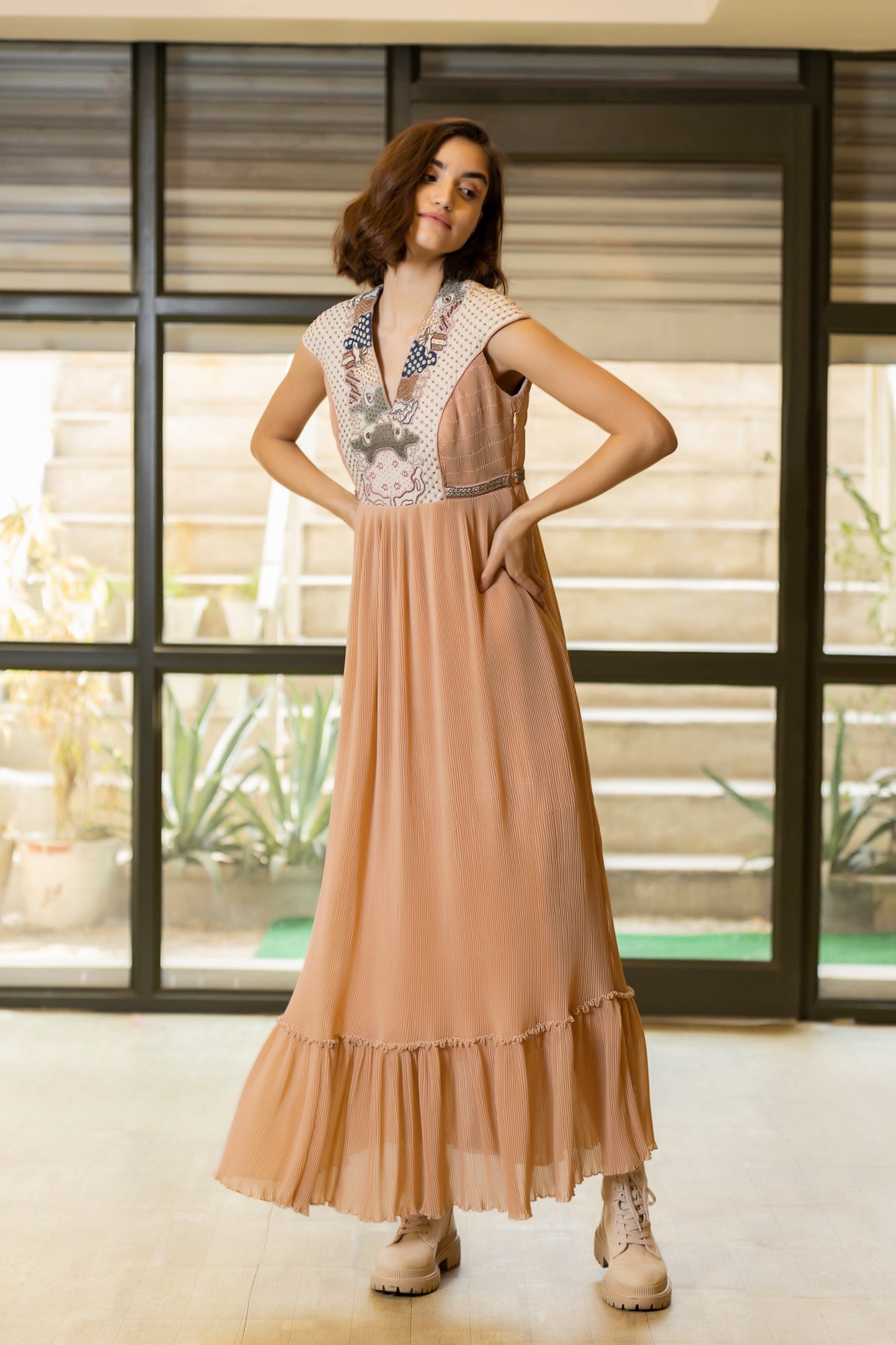 Peach georgette patchwork embroidered gown. image 0