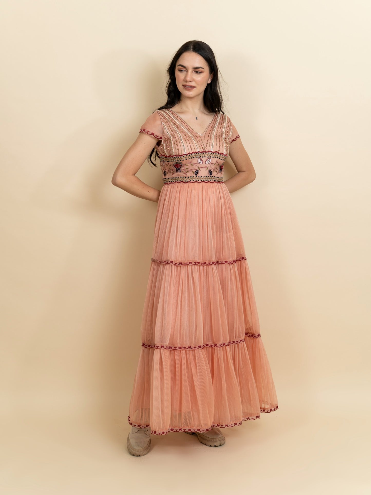 Galaxy embroidered 3-layered full length dress. (Peach) image 2