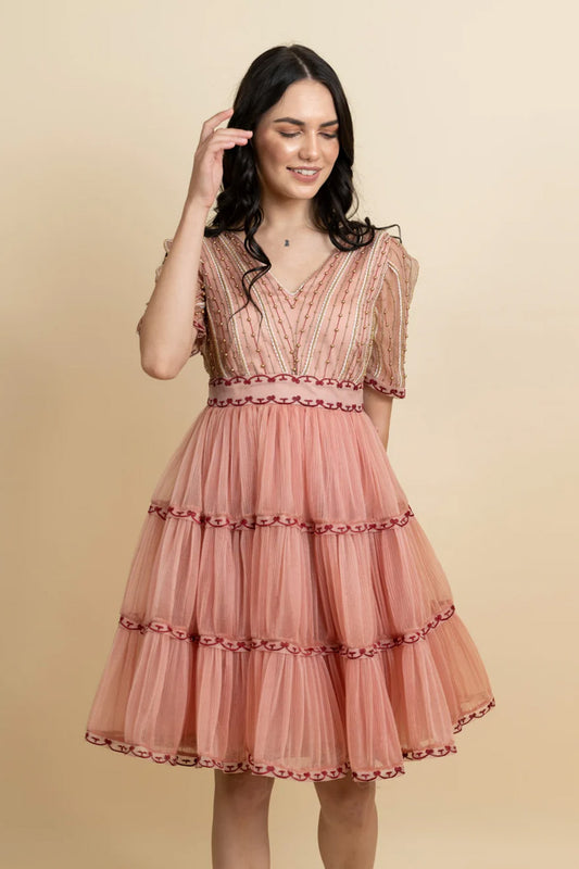 Golden galaxy embroidery in narrow pleated dress.