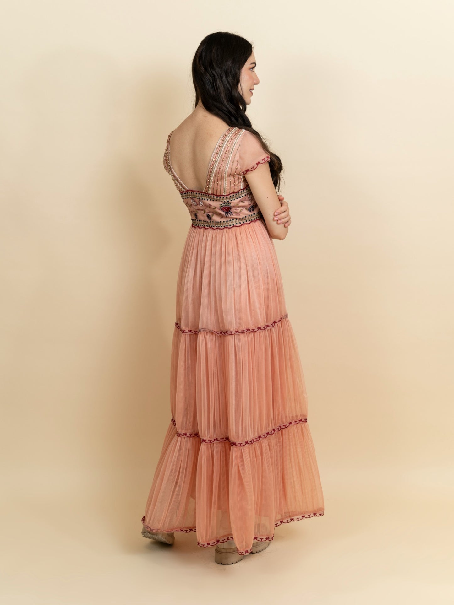 Galaxy embroidered 3-layered full length dress. (Peach) image 3