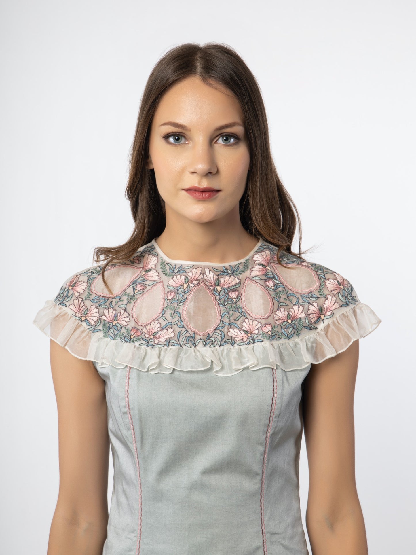 Mint blue embroidered neck dress. image 0