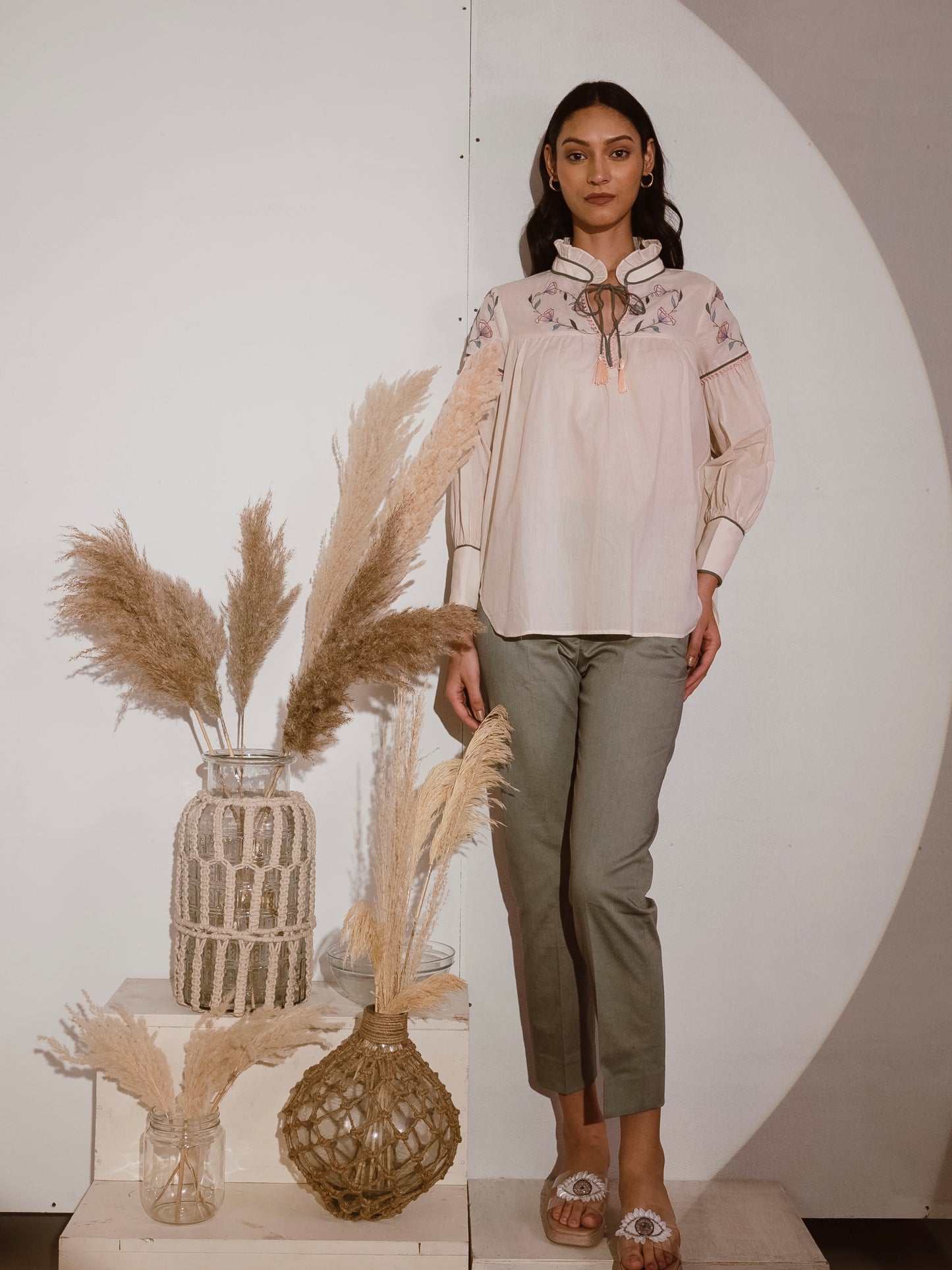 Off white embroidered top with olive pants image 2