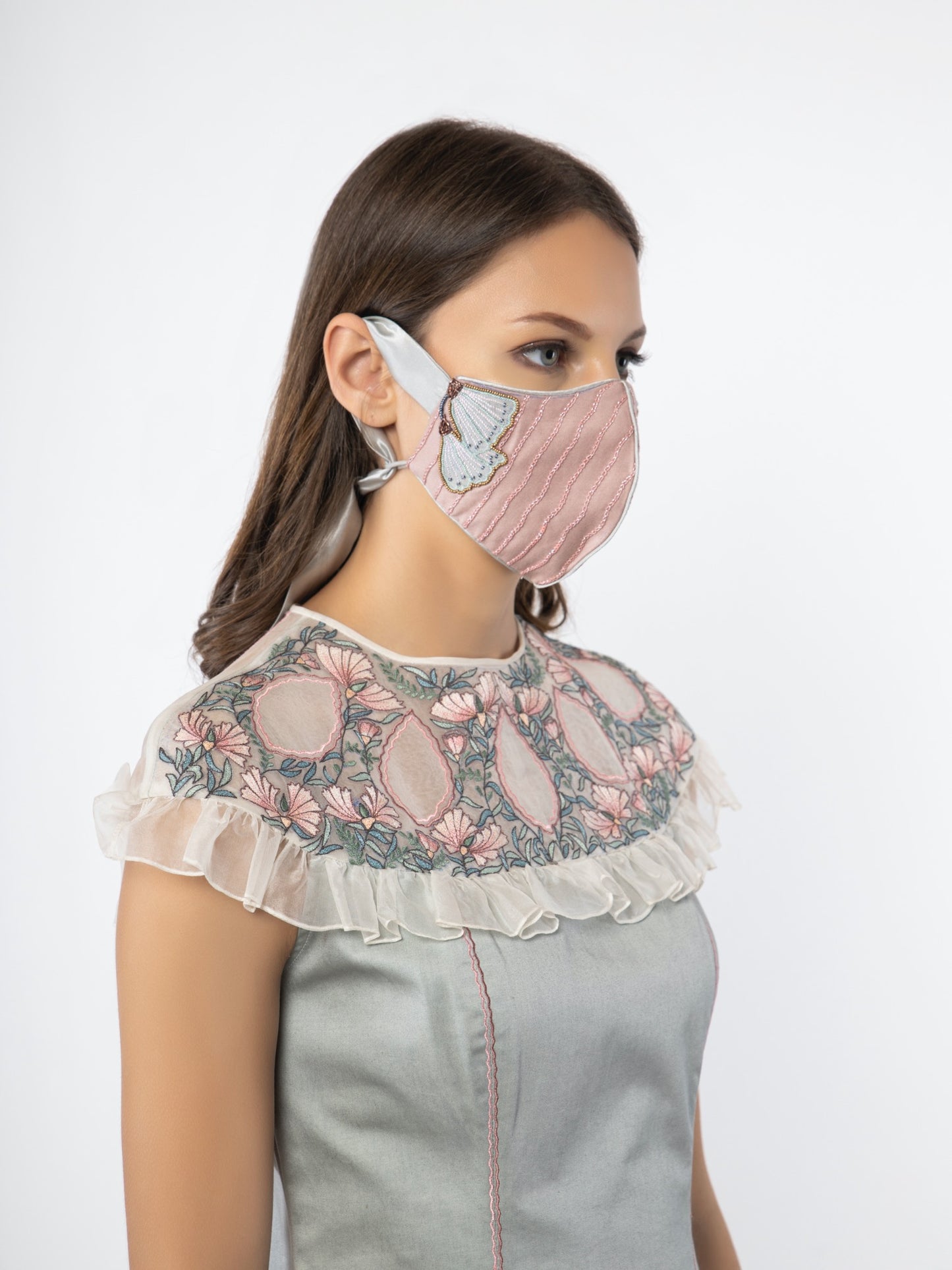 Mint blue embroidered neck dress. image 4