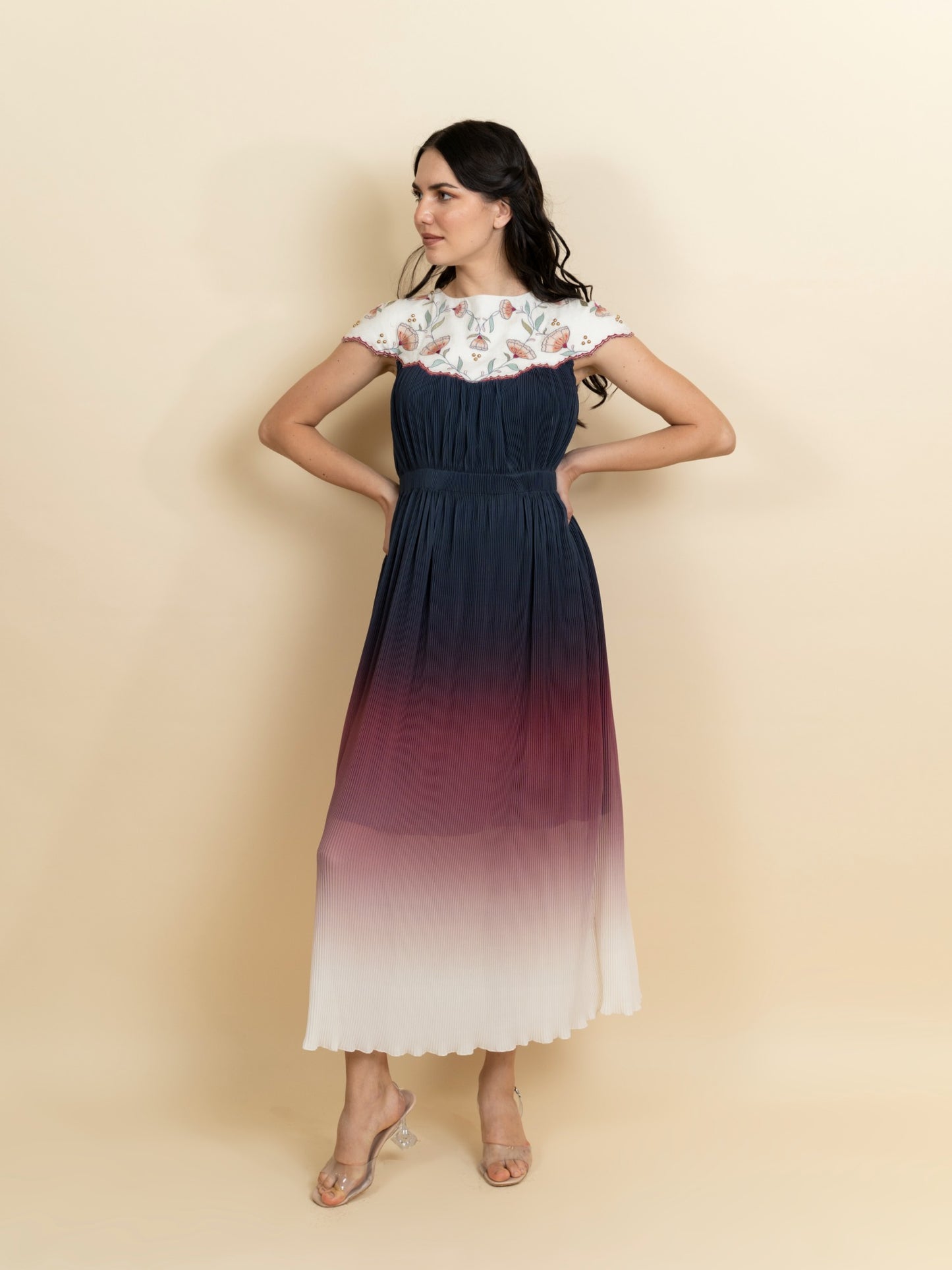 Embroidered neckline in a Georgette full length dress. (Ivory) image 3