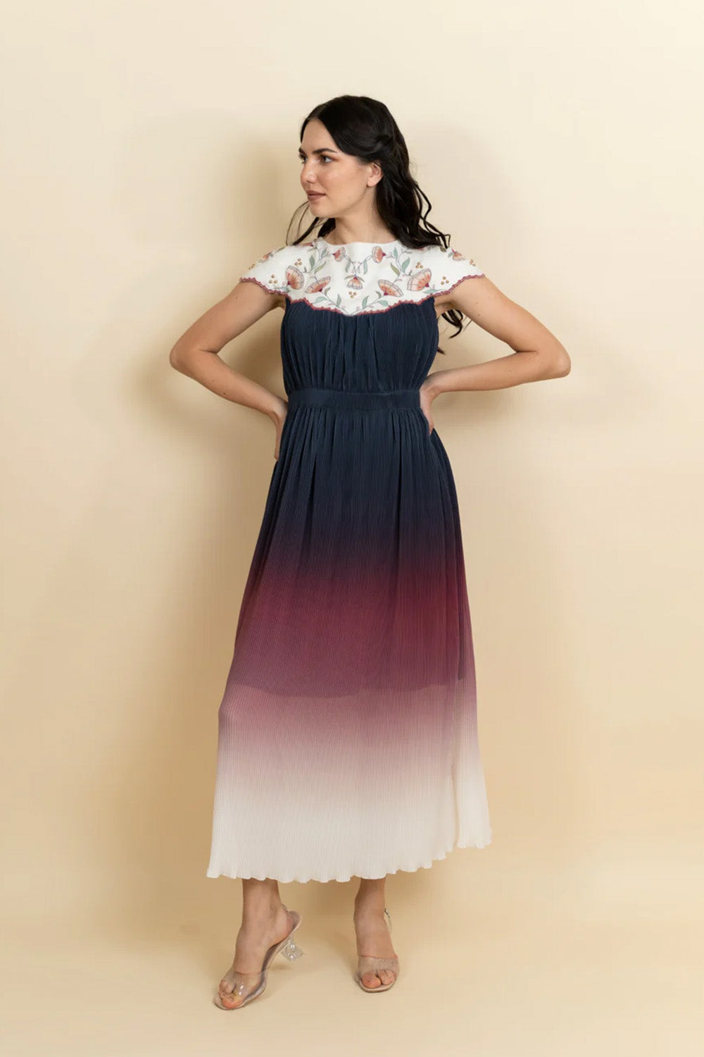 Embroidered neckline in a Georgette full length dress. (Ivory)