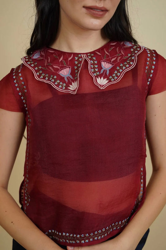 Silk organza embroidered top with pants. (Red)
