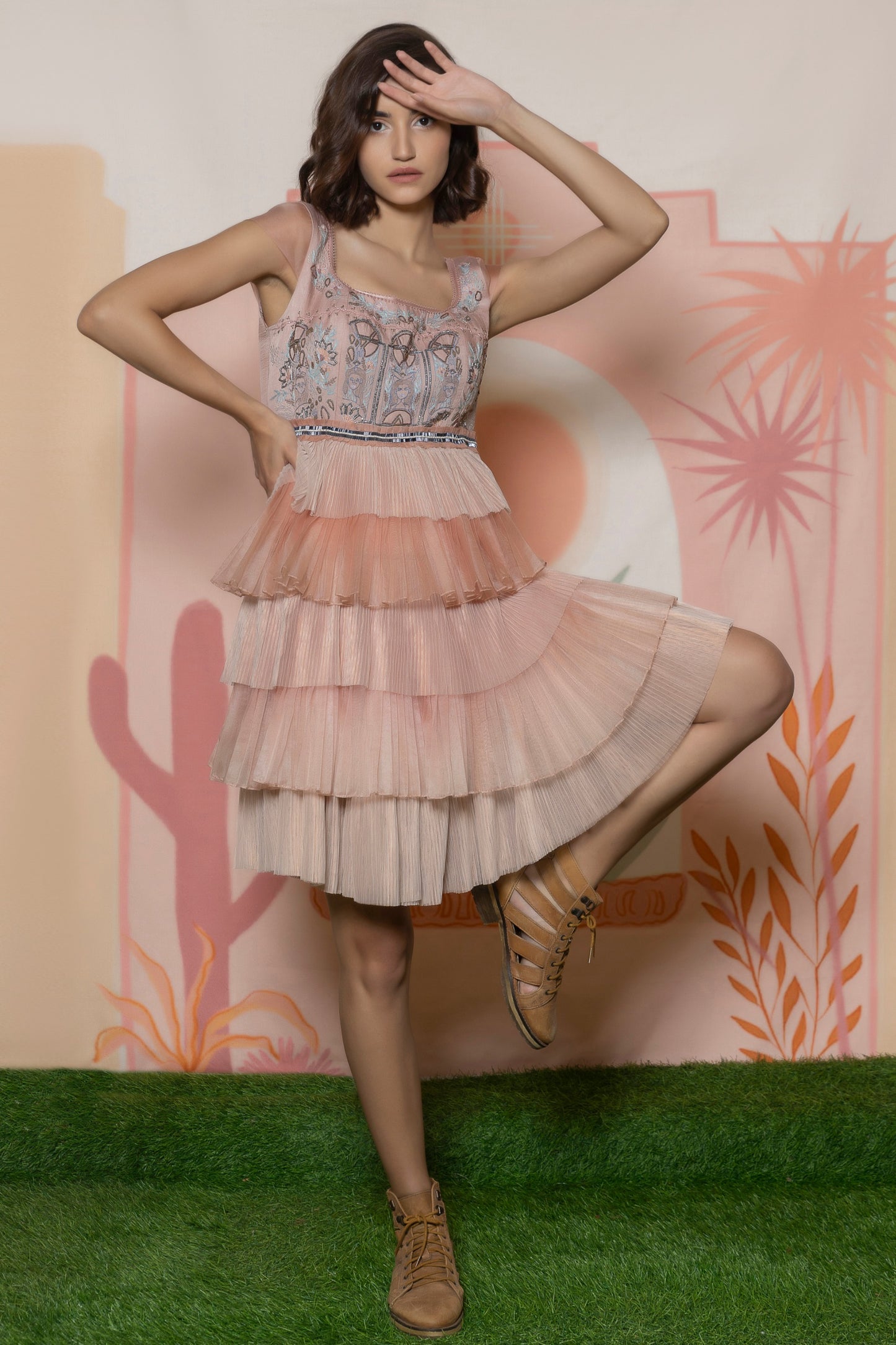 Embroidered knee length multi-layer dress. image 4