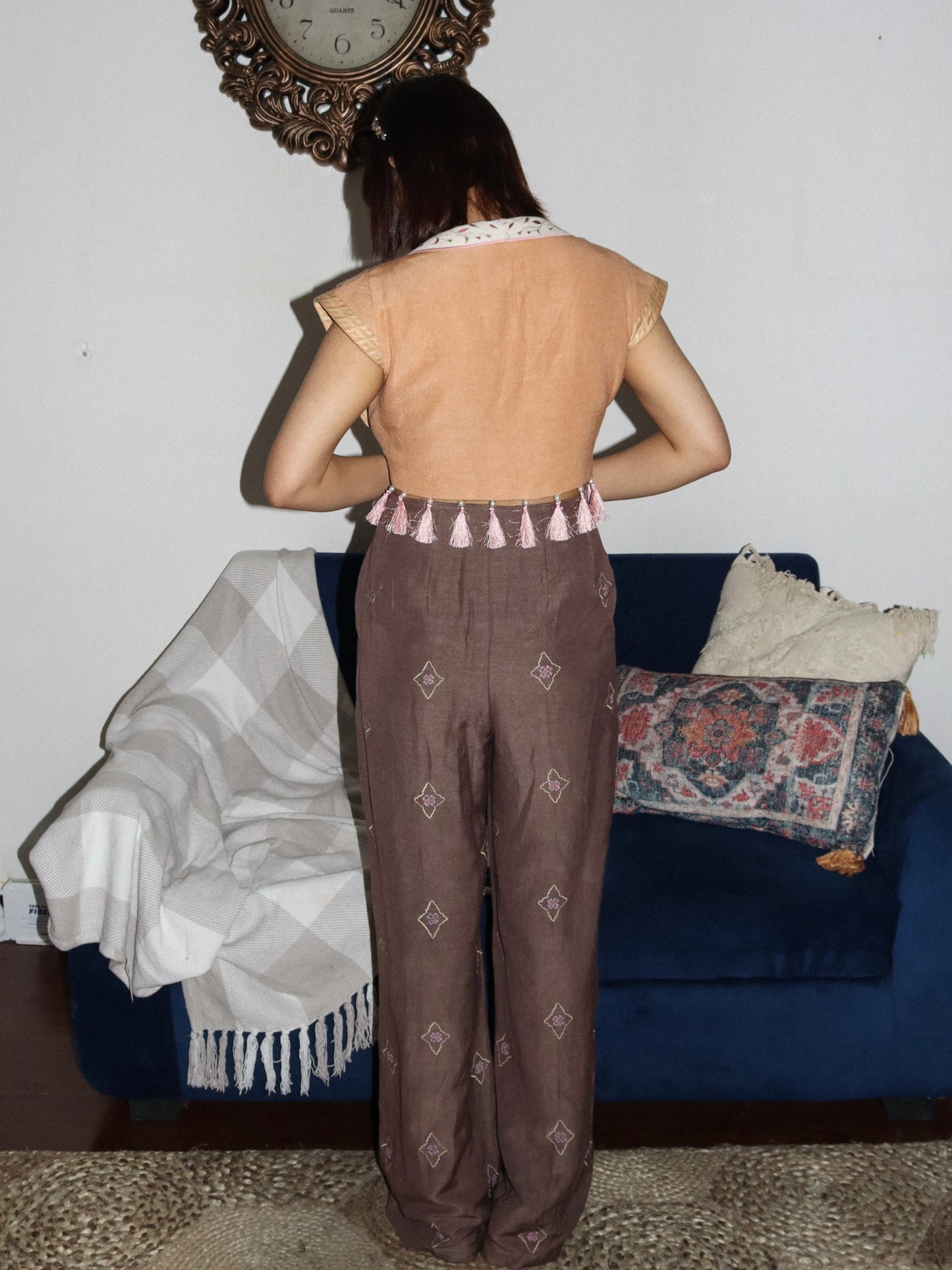 Mustard drape top with embroidered pants image 2