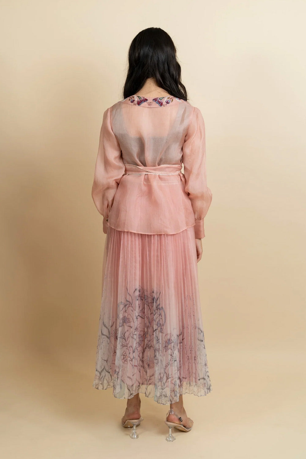 Embroidered organza blazer with pleated skirt set.