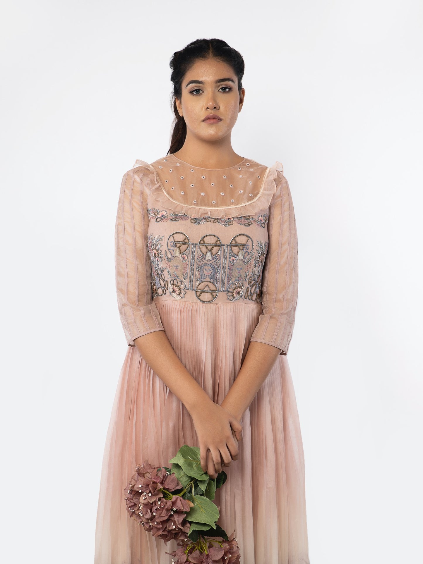 Rose gold floral embroidered organza gown. image 3