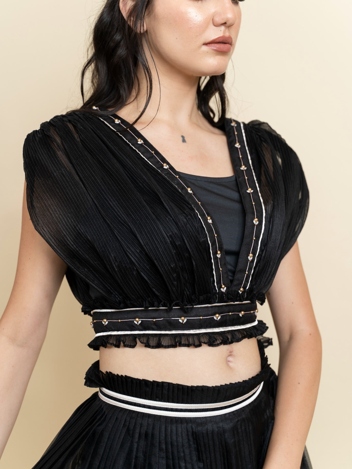 Draped organza top with pleated skirt. (Black) image 2