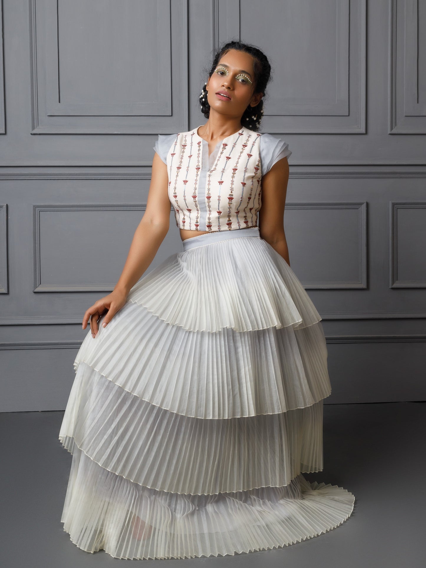 Embroidered top with multi layered pleated skirt. image 2