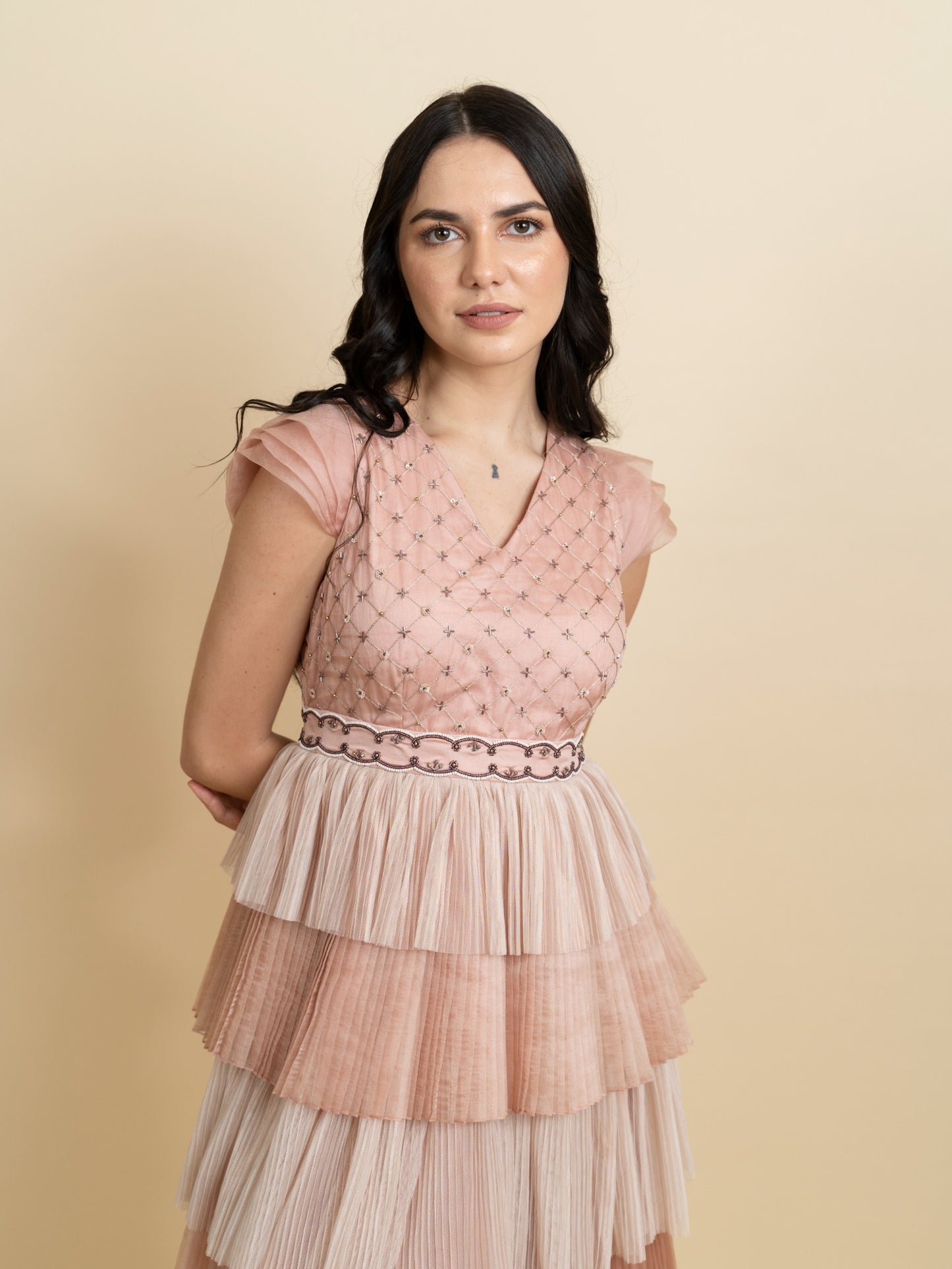Multi layered pleated dress with fully embroidered bodice. image 3