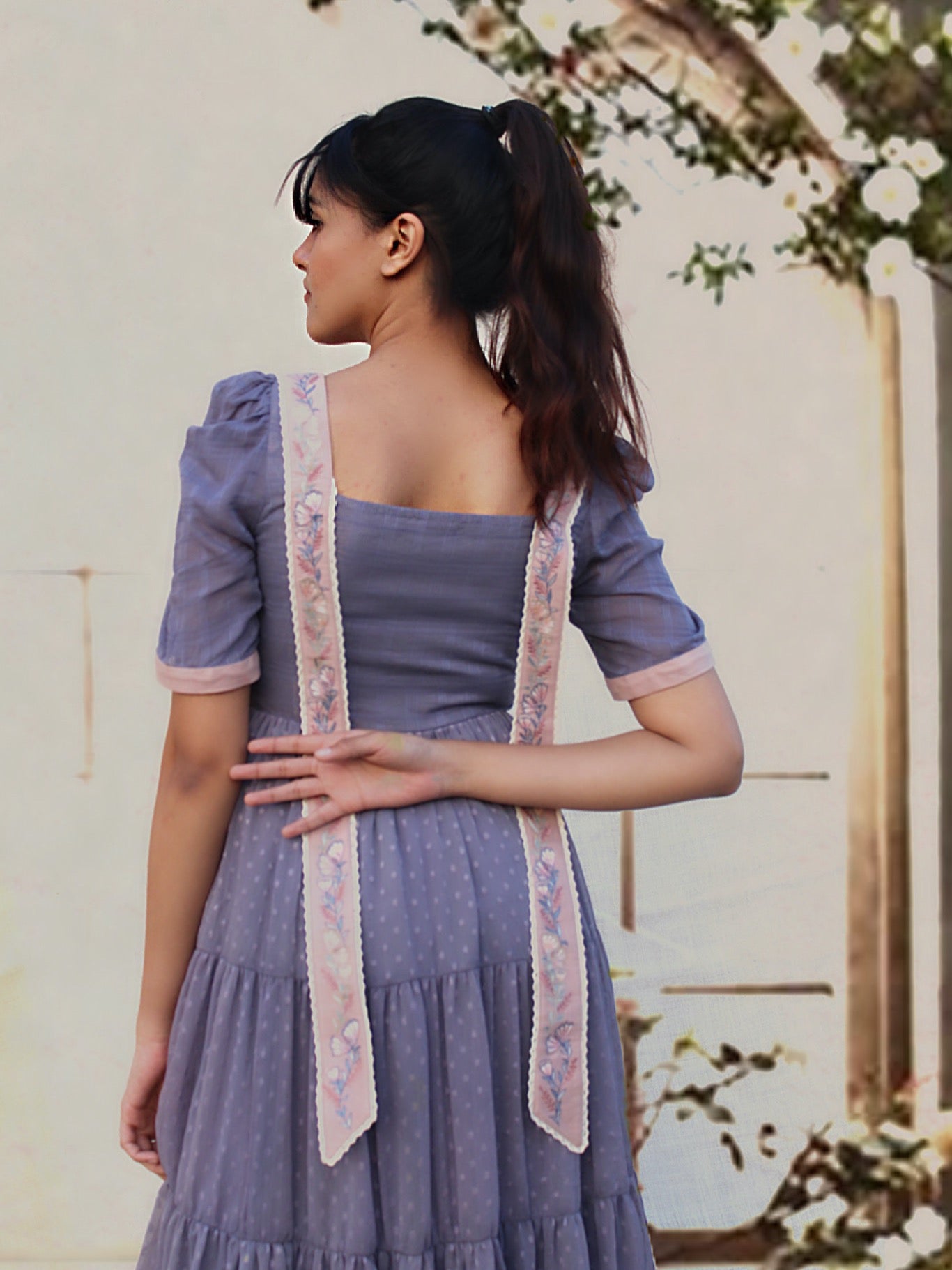 Purple dotted calf length dress image 2