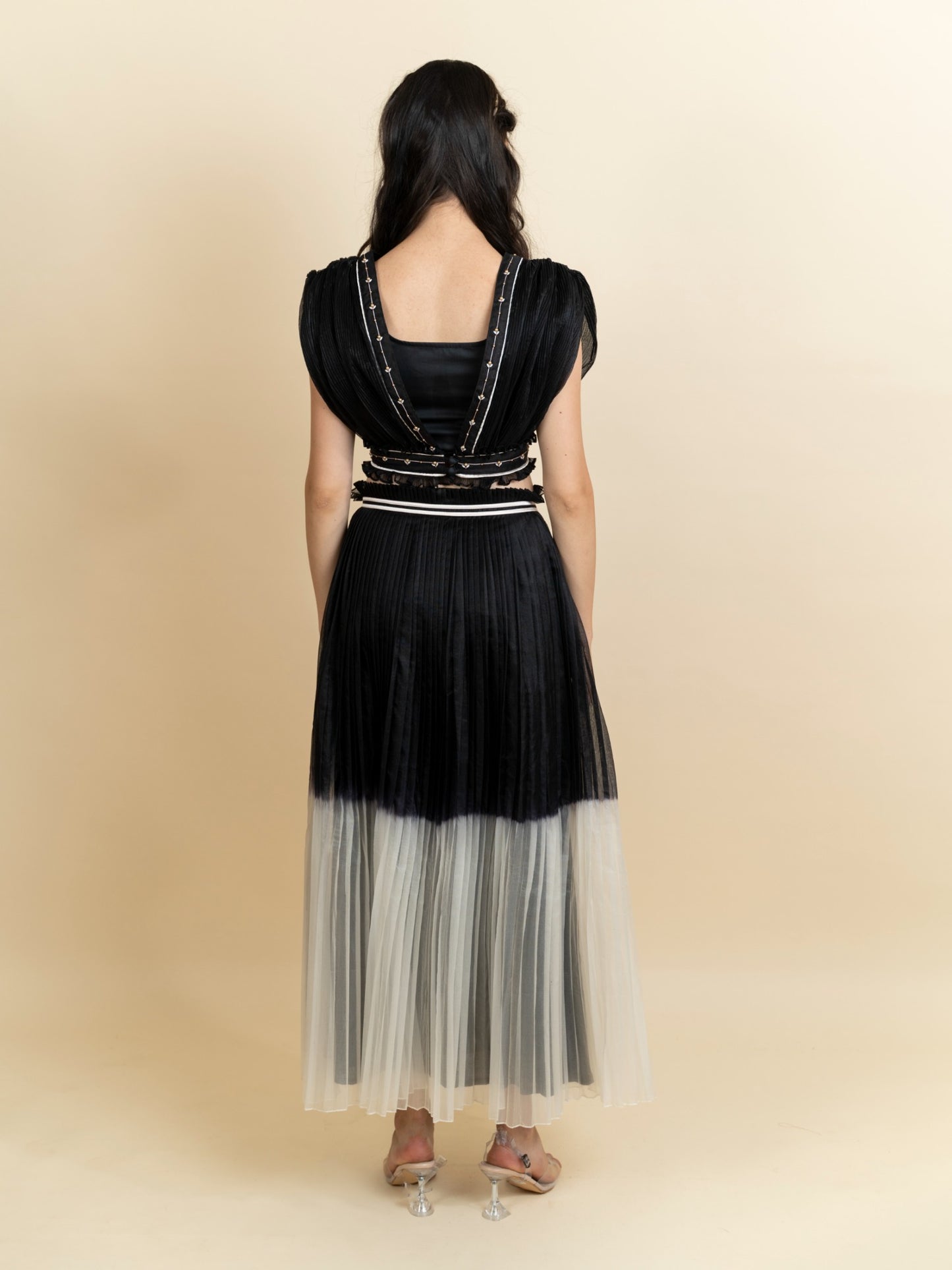 Draped organza top with pleated skirt. (Black) image 4