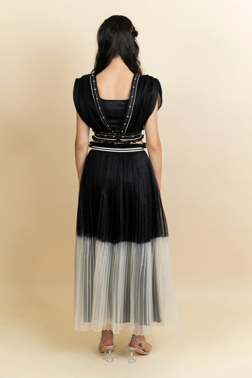 Draped organza top with pleated skirt. (Black)