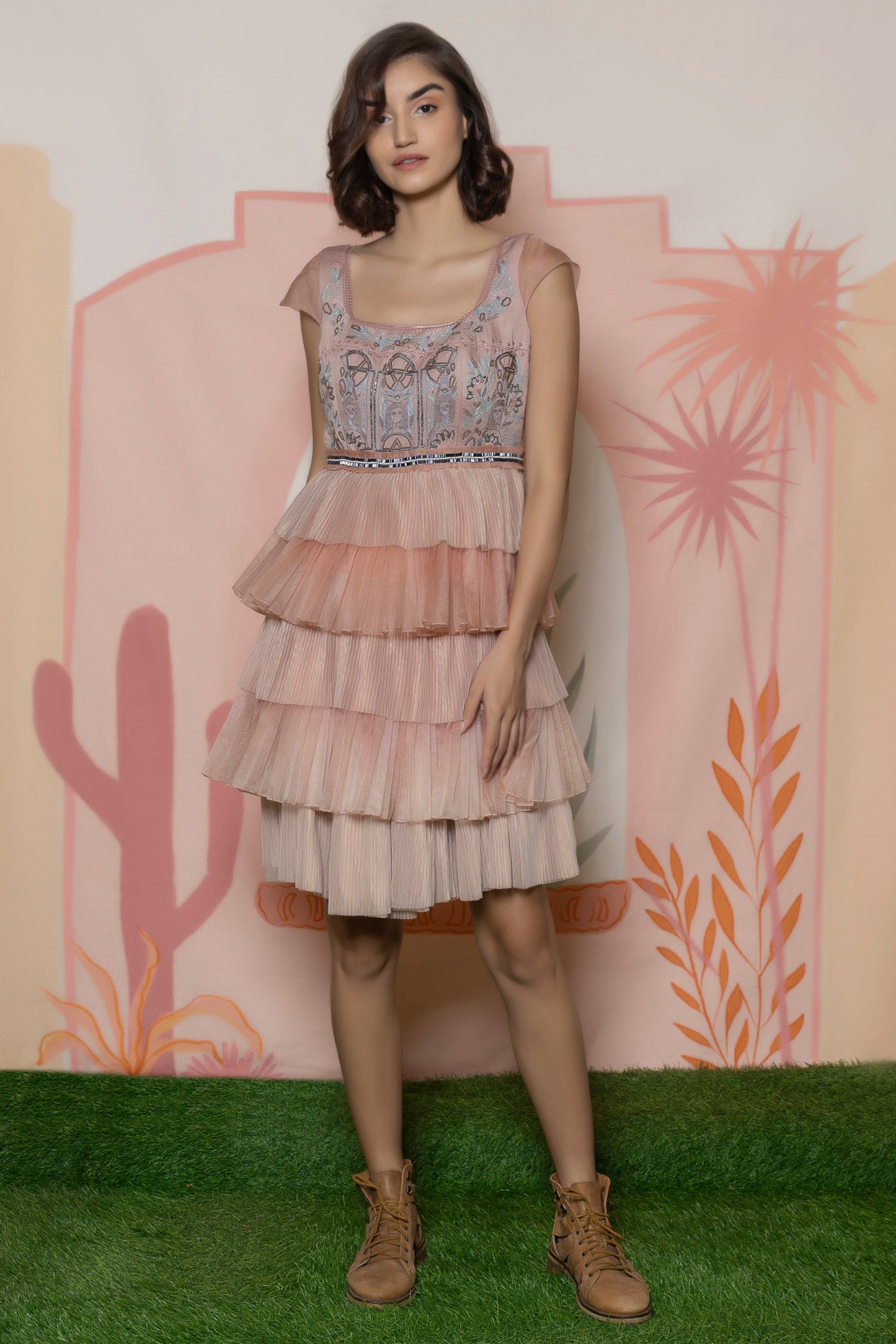 Embroidered knee length multi-layer dress. image 2