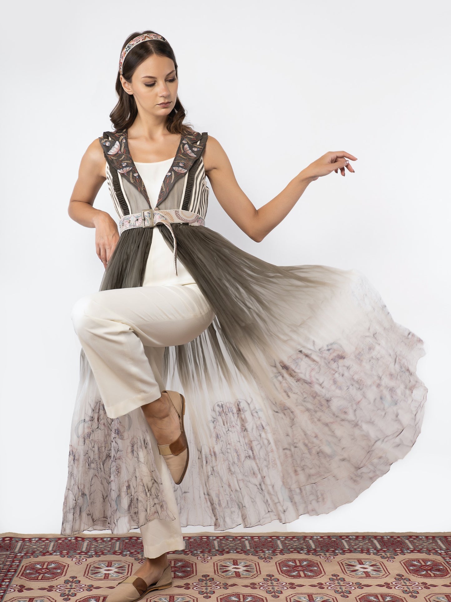 Organza embroidered cape with off white jumpsuit image 1