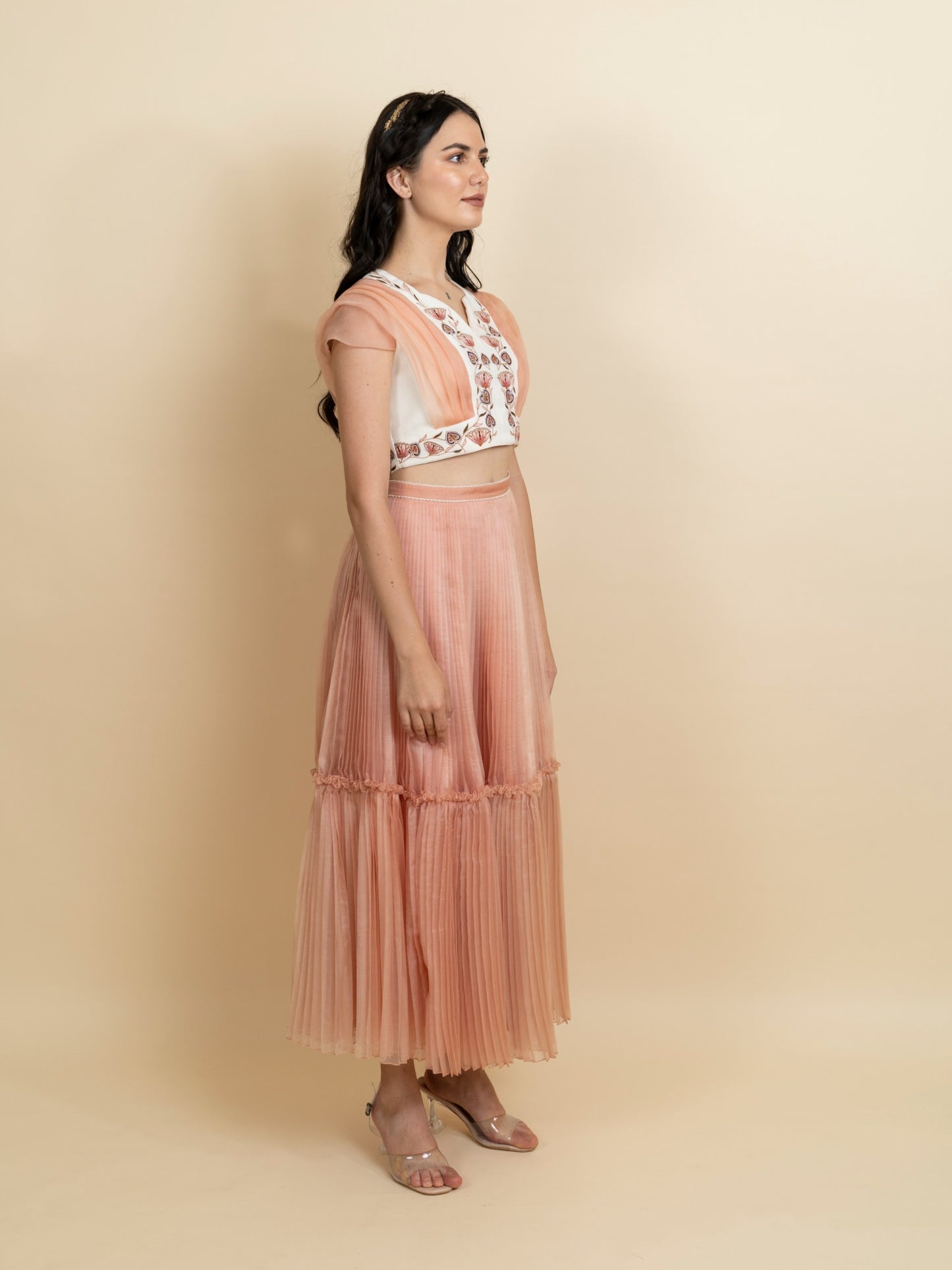 Double layered pleated organza skirt. (Peach) image 2