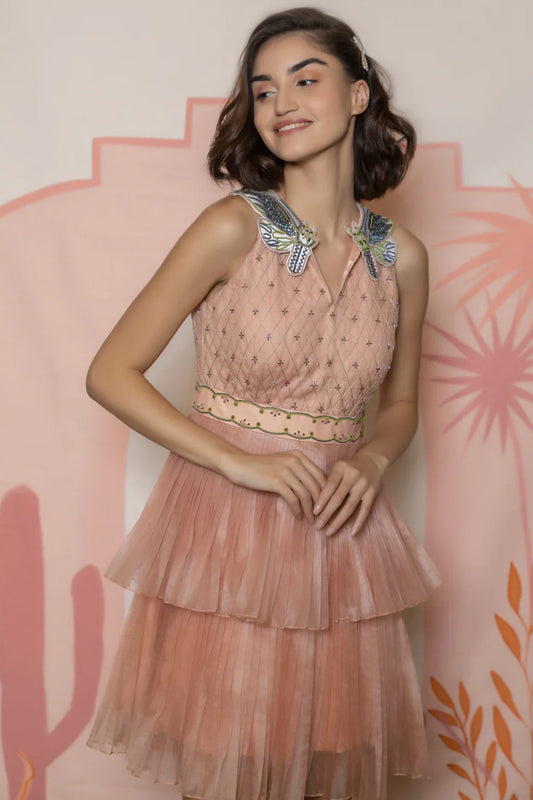 Embroidered pleated knee length collar dress.