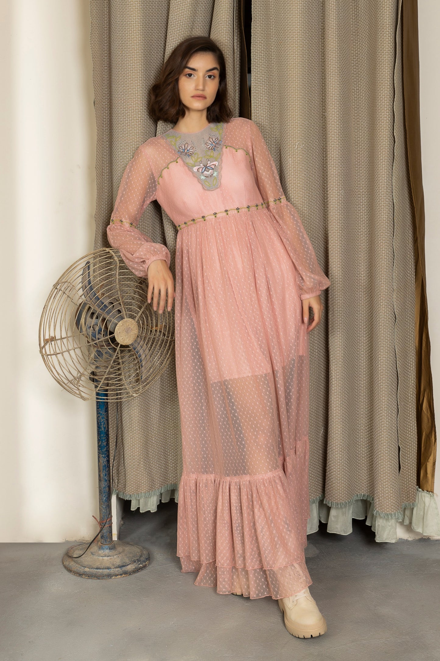 Embroidered neck fish-net full gown. image 1