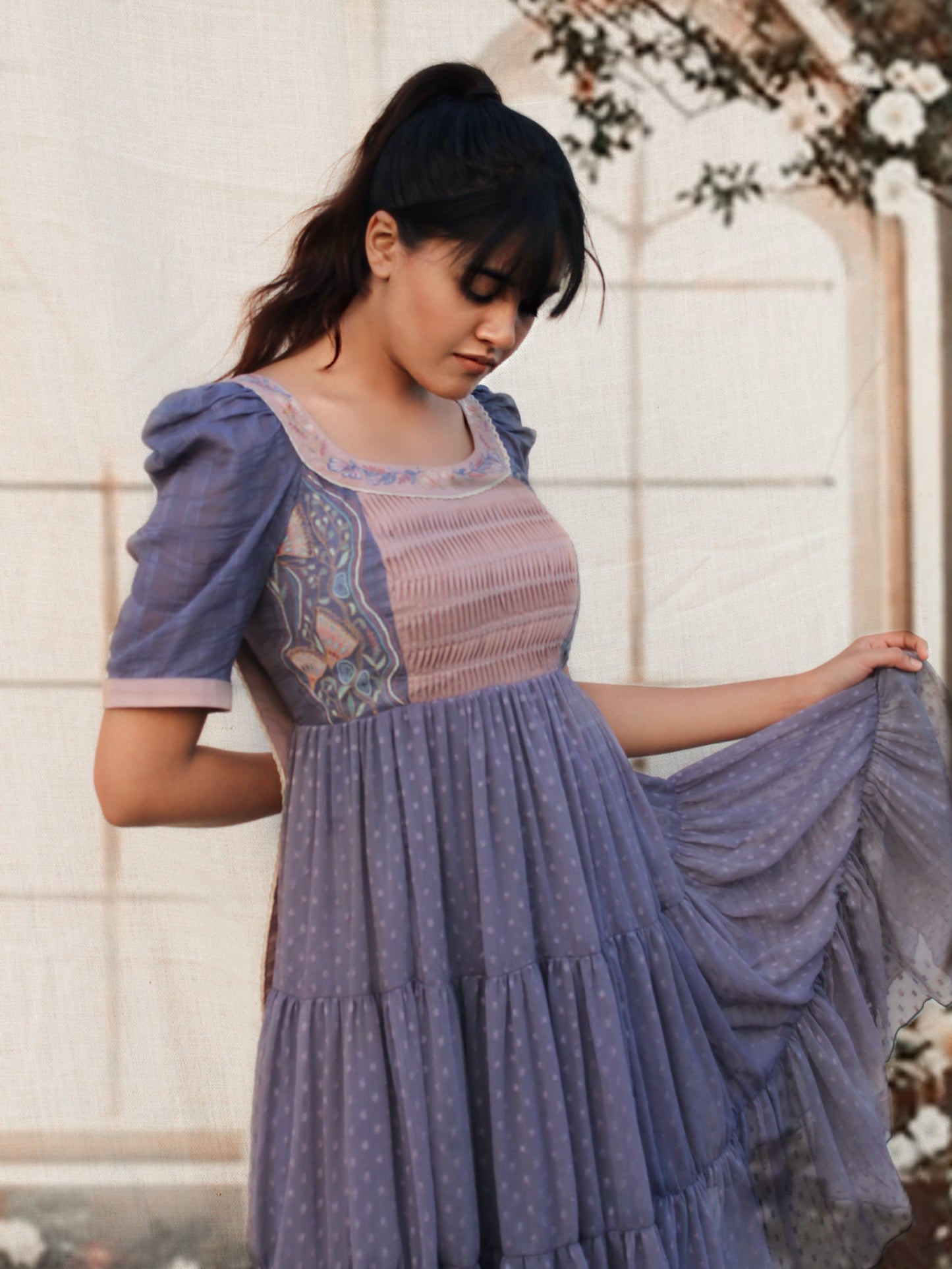 Purple dotted calf length dress image 0