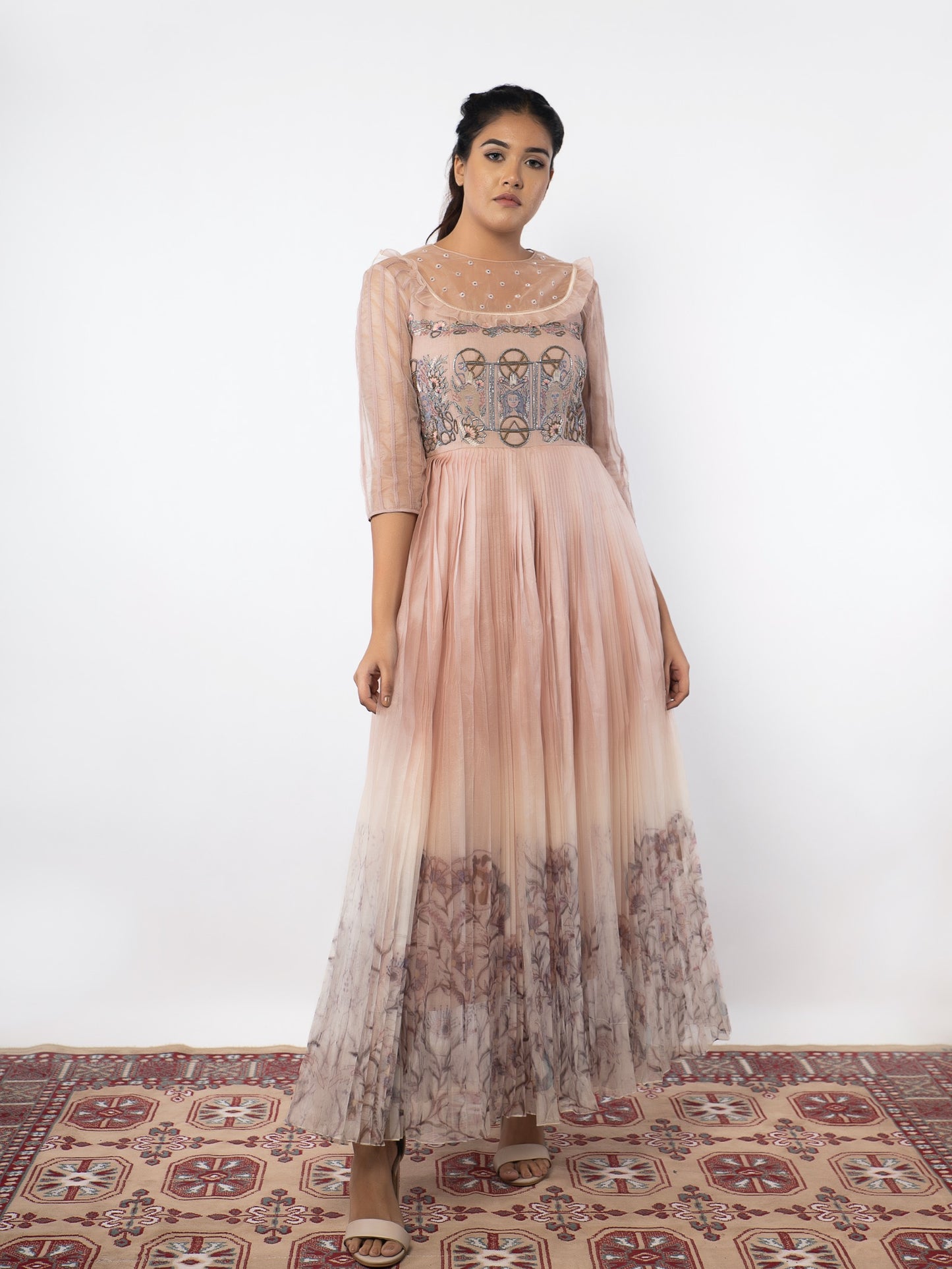 Rose gold floral embroidered organza gown. image 0