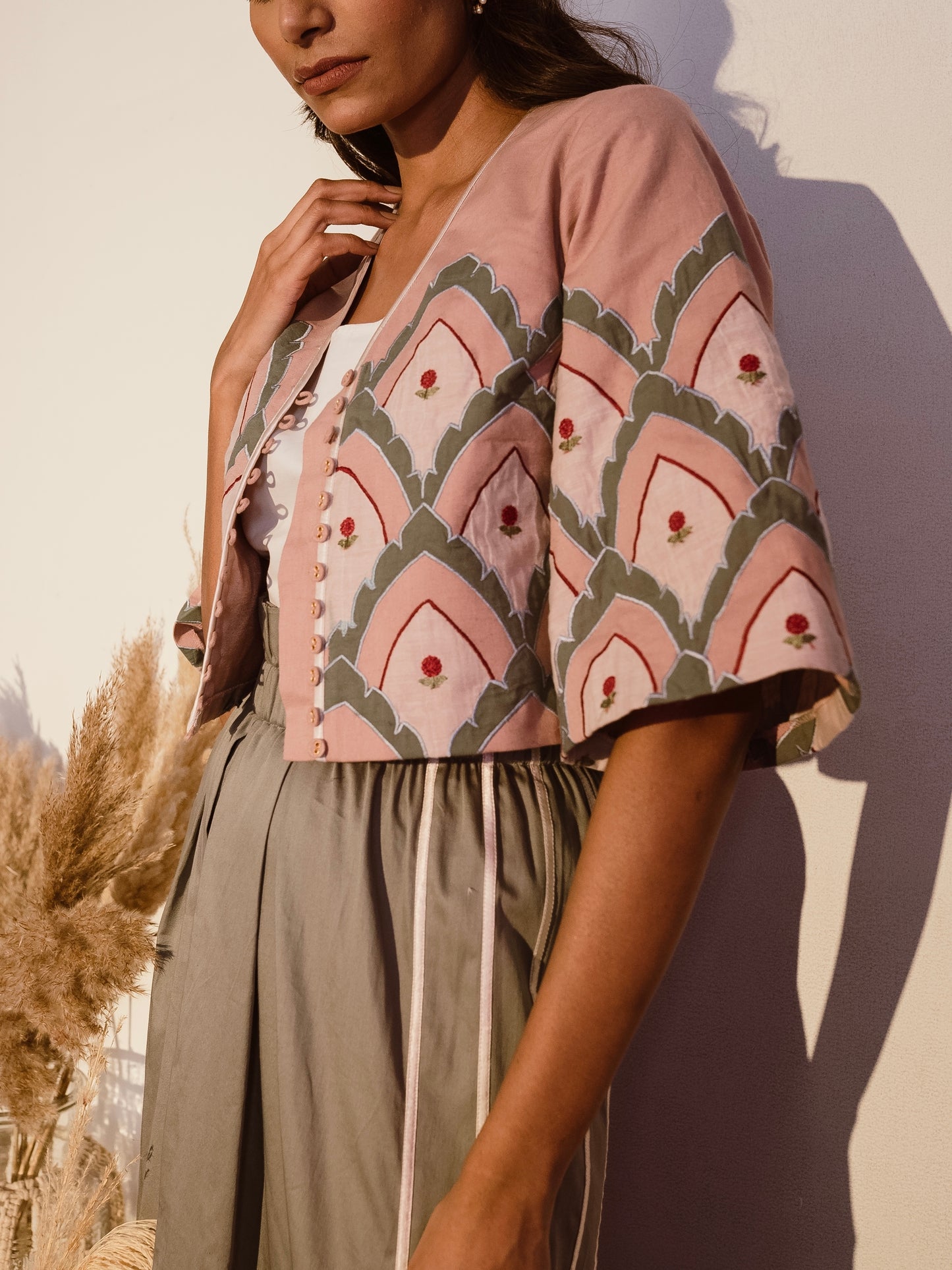Patchwork linen short blazer with flare pants image 1