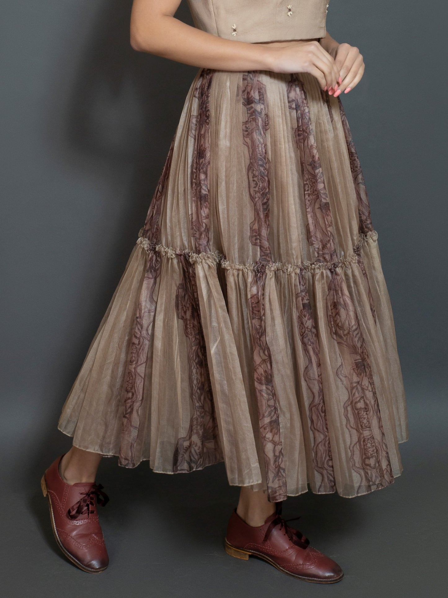 Printed organza 2 layer skirt. (Dark olive) image 1