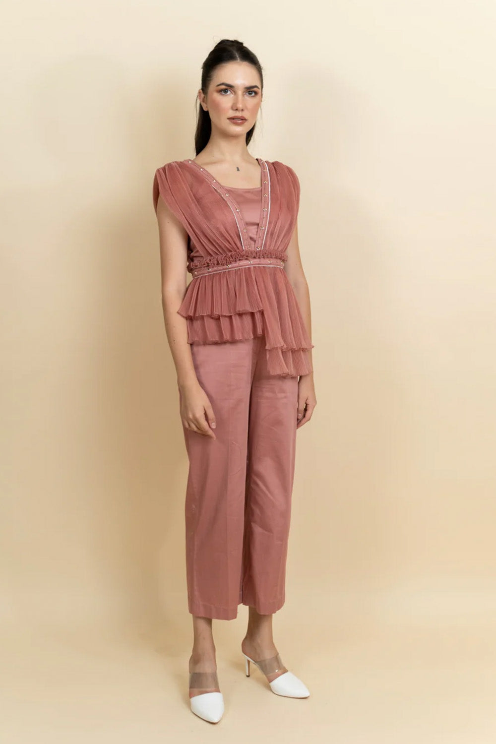 Draped organza pleated top with pants. (Blush pink)
