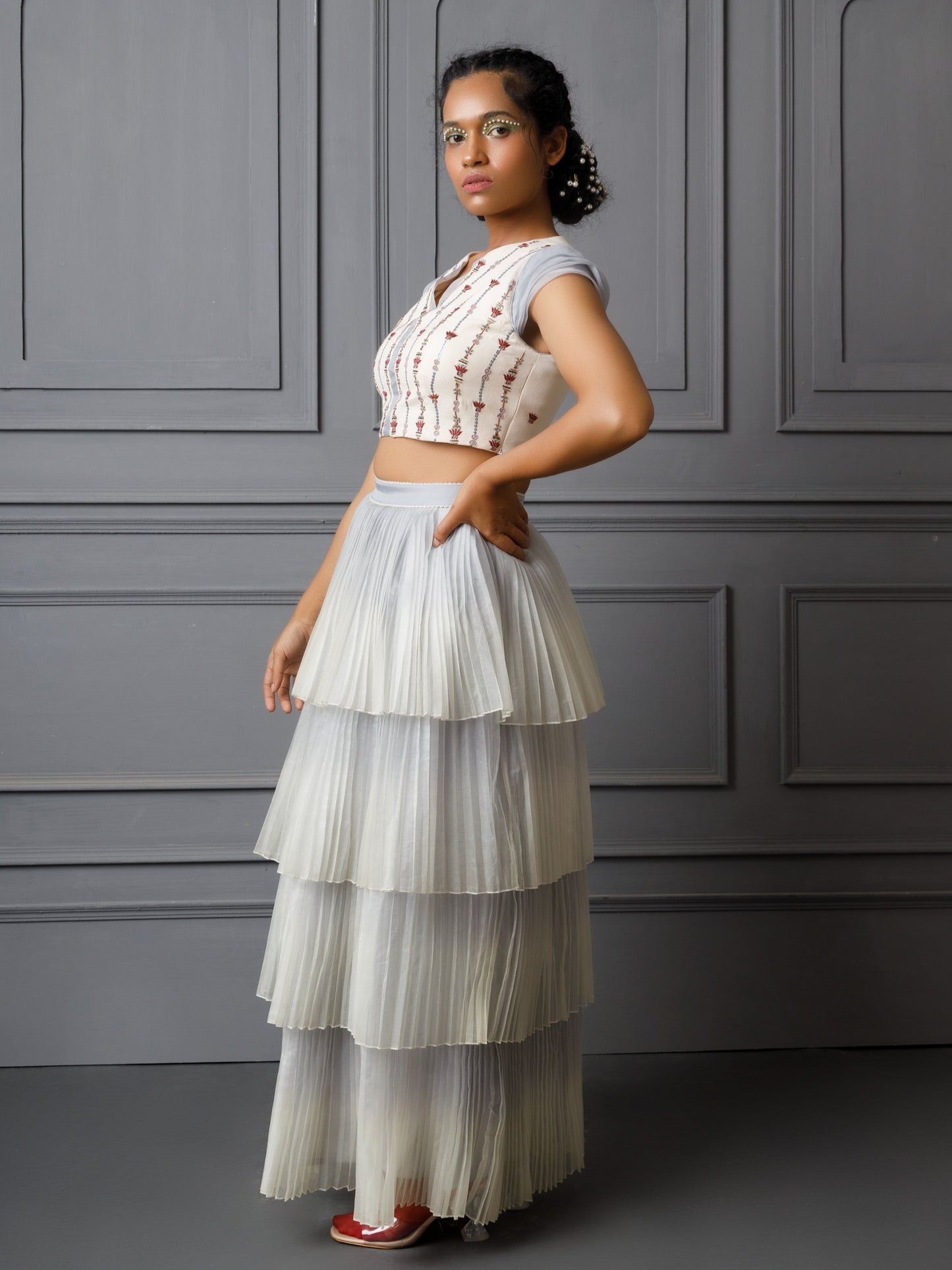 Embroidered top with multi layered pleated skirt. image 1