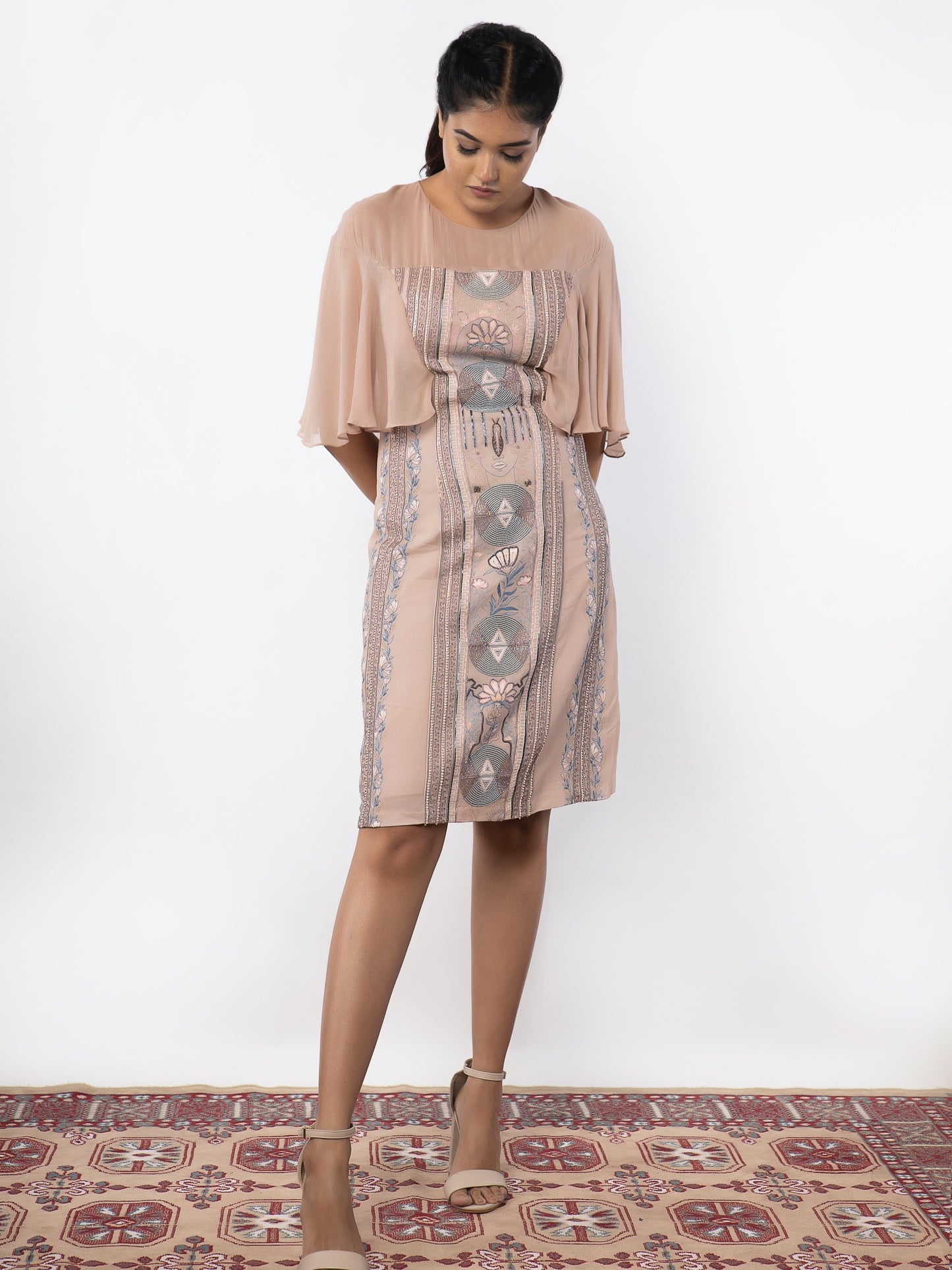 Hand embroidered rose gold knee length dress. image 0
