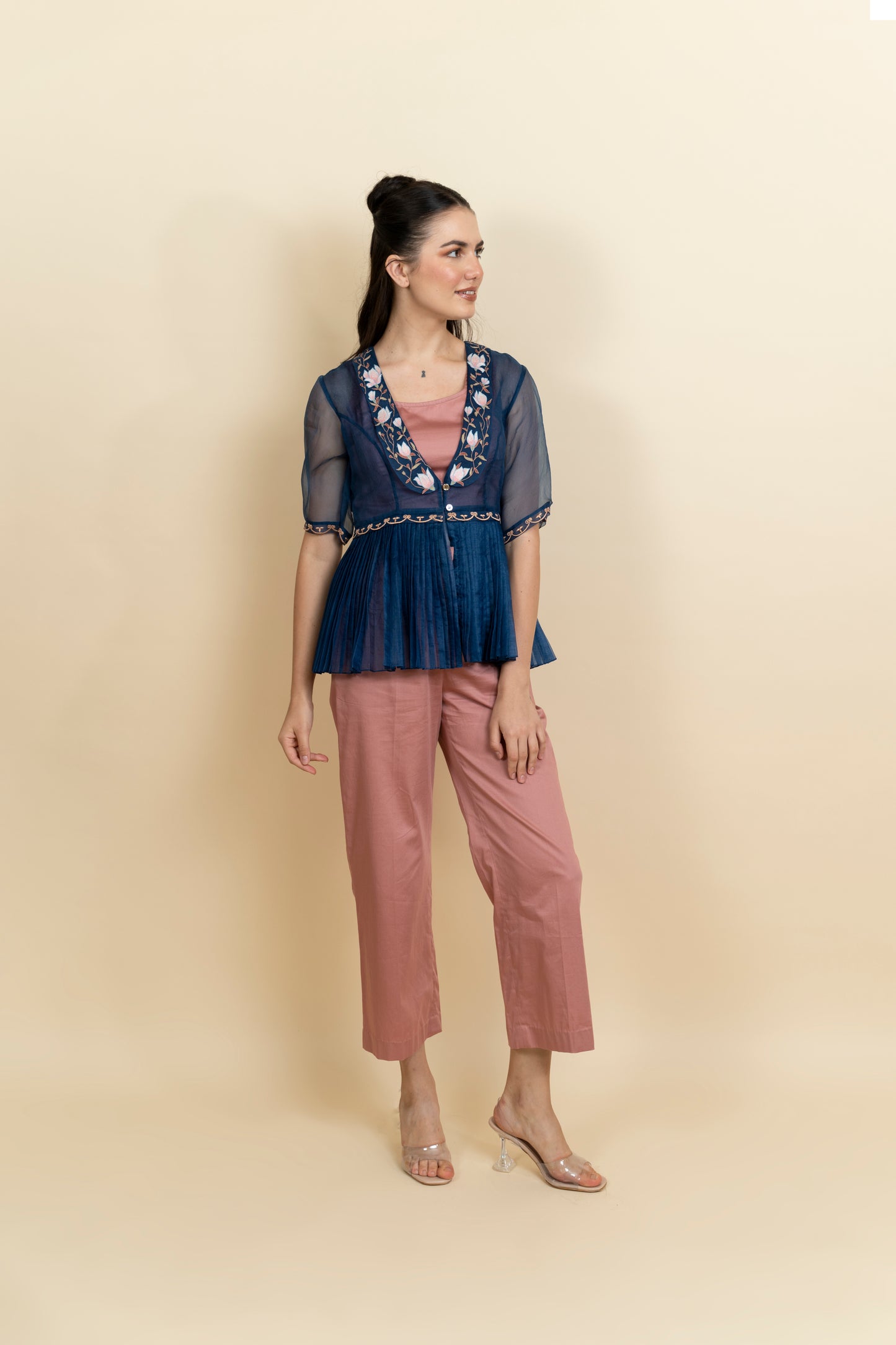 Blue floral embroidered organza blazzer image 2